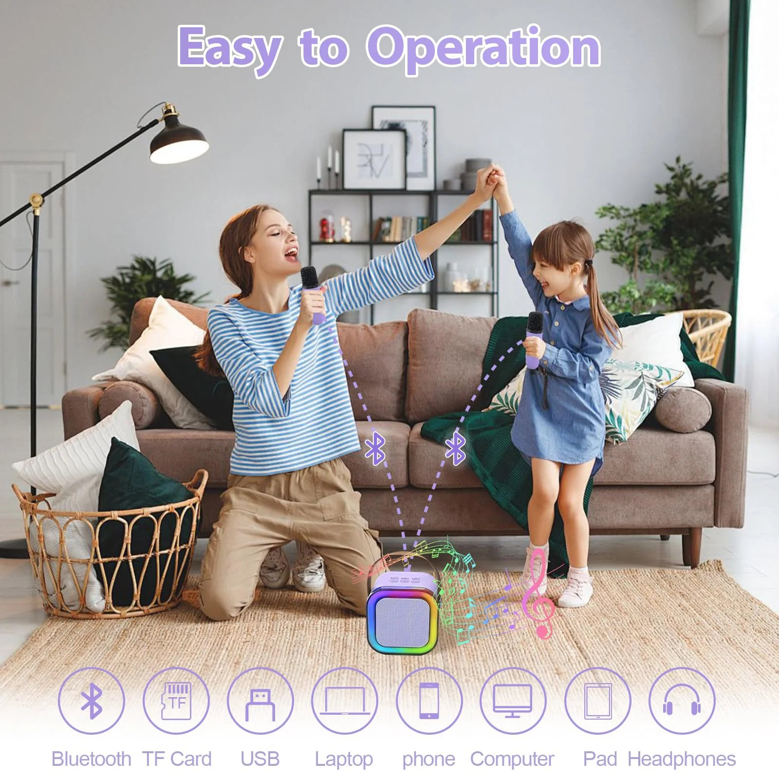 Mini Karaoke Machine for Kids, Birthday Easter Gifts Toys for Girls Boys Ages 3-12+, Portable Bluetooth Speaker with Upgraded 2 Wireless Microphones, Toddler Toys for Singing Home Party Family, Purple - Image 2