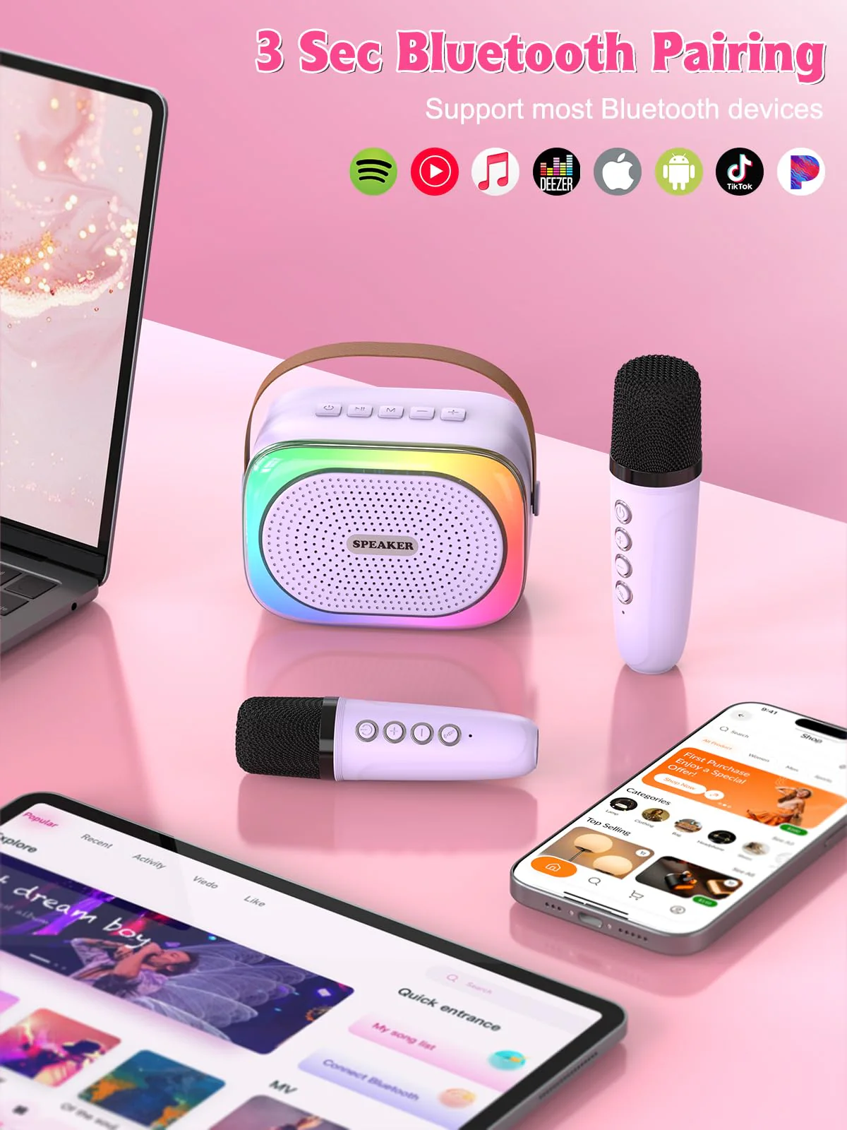 Mini Karaoke Machine for Kids Girls Boys Ages 3-12, Portable Bluetooth Speaker with 2 Wireless Microphones with Voice Changing & LED Party Lights, Birthday Gifts for Family Home Party purple - Image 3