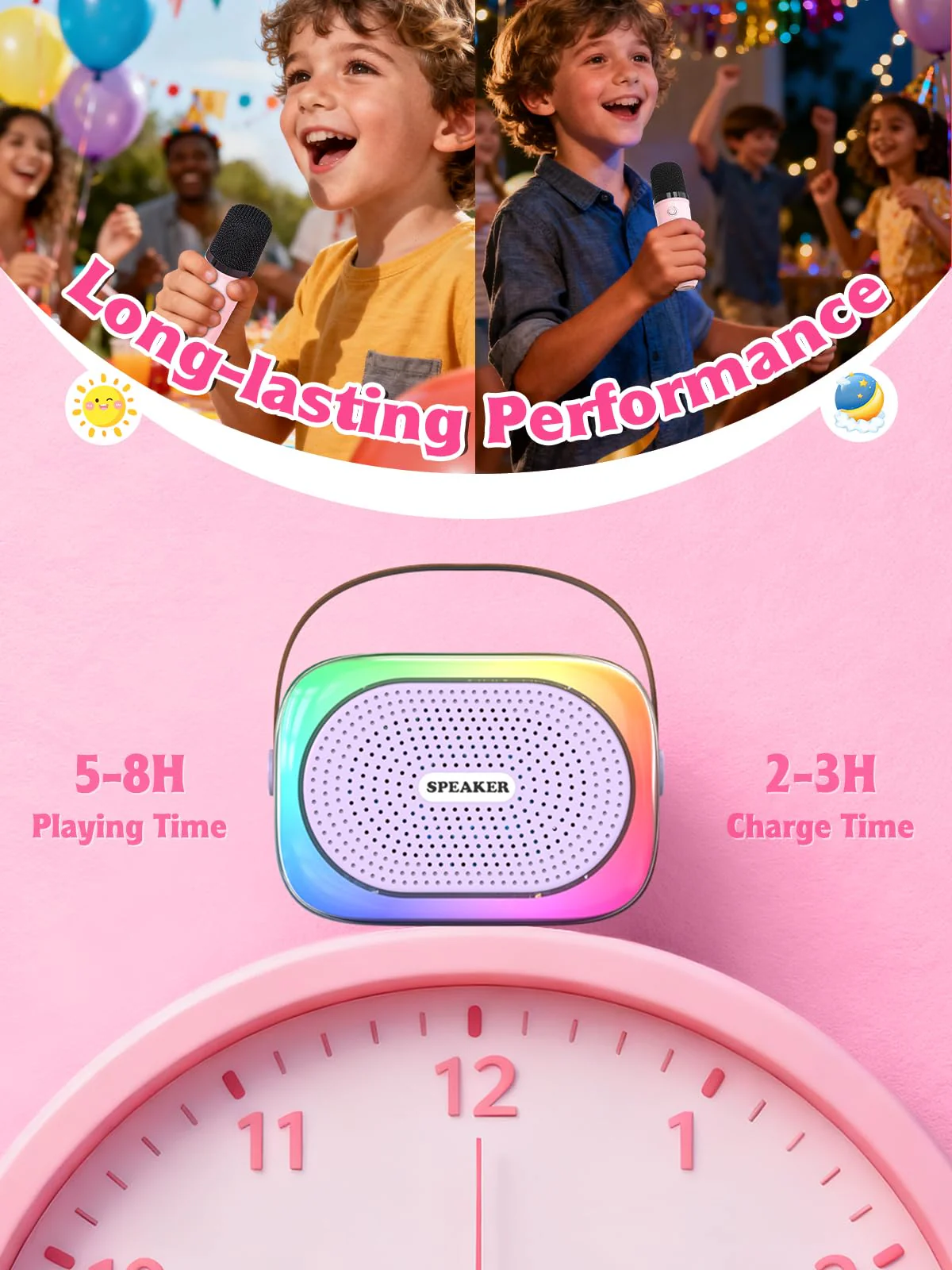 Mini Karaoke Machine for Kids Girls Boys Ages 3-12, Portable Bluetooth Speaker with 2 Wireless Microphones with Voice Changing & LED Party Lights, Birthday Gifts for Family Home Party purple - Image 4