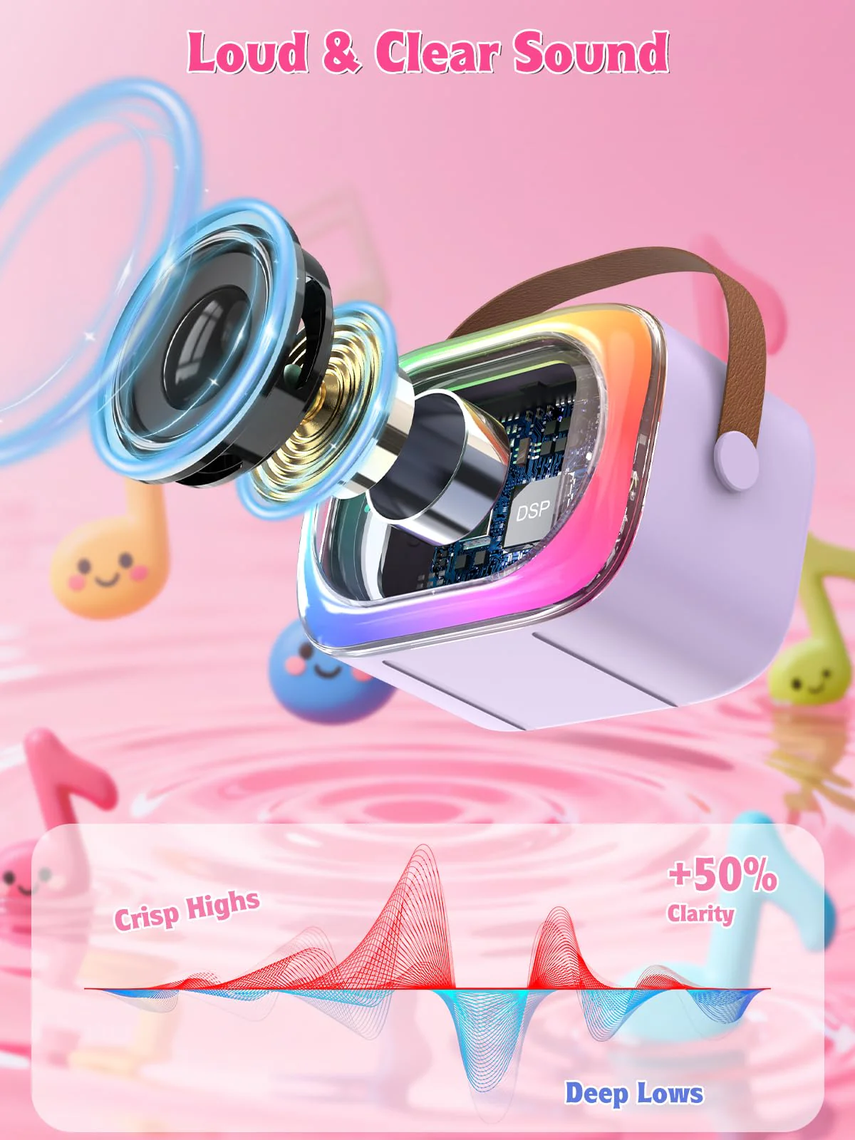 Mini Karaoke Machine for Kids Girls Boys Ages 3-12, Portable Bluetooth Speaker with 2 Wireless Microphones with Voice Changing & LED Party Lights, Birthday Gifts for Family Home Party purple - Image 5