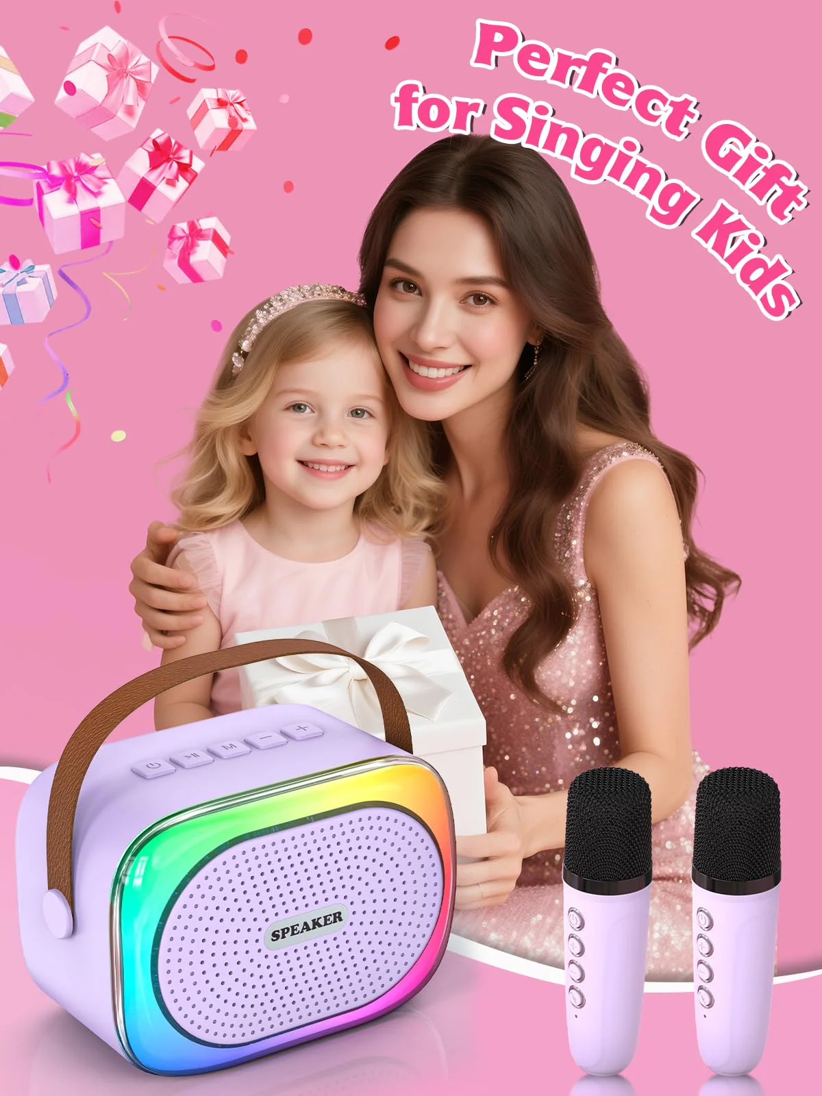 Mini Karaoke Machine for Kids Girls Boys Ages 3-12, Portable Bluetooth Speaker with 2 Wireless Microphones with Voice Changing & LED Party Lights, Birthday Gifts for Family Home Party purple - Image 7