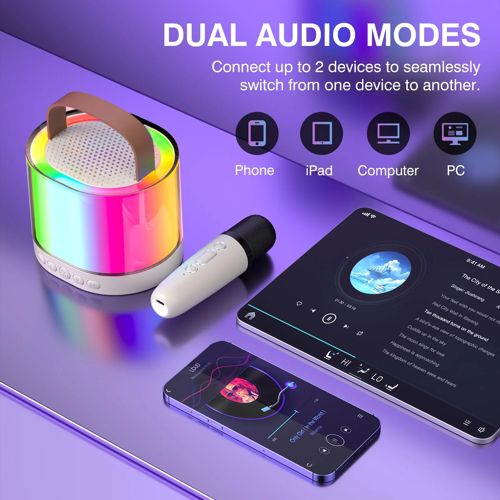 Mini Karaoke Machine for Kids Portable Bluetooth 5.3 Speaker Led Lights with 2 Wireless Microphones Karaoke Gifts for Girls Boys Audlt Birthday Christmas Indoor Outdoor Home Party - Image 2