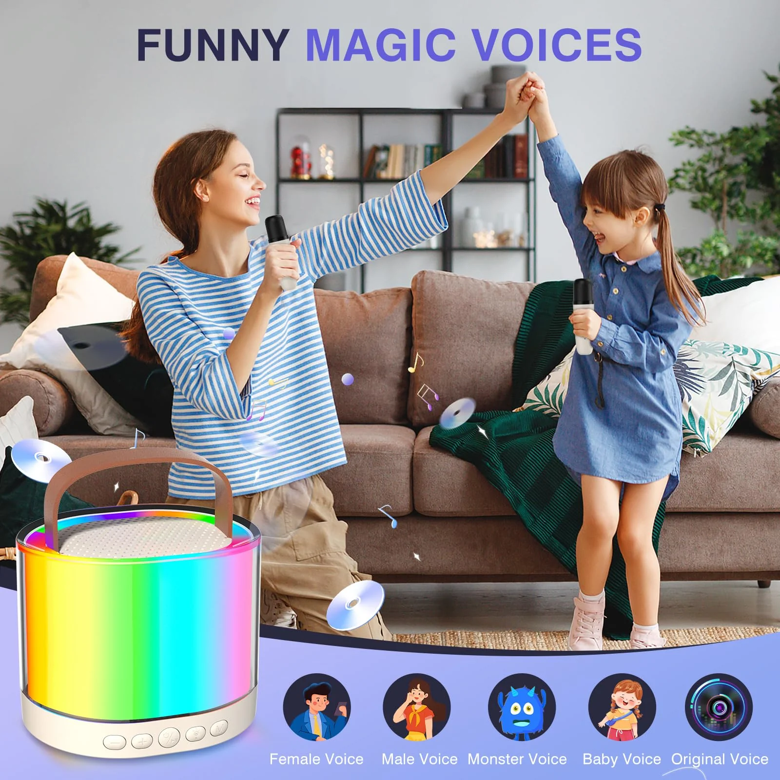 Mini Karaoke Machine for Kids Portable Bluetooth 5.3 Speaker Led Lights with 2 Wireless Microphones Karaoke Gifts for Girls Boys Audlt Birthday Christmas Indoor Outdoor Home Party - Image 8