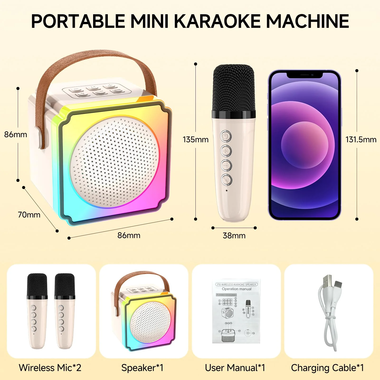 Mini Karaoke Machine for Kids,Portable Bluetooth Karaoke Machine with 2 Wireless Microphones, Kids Karaoke Machine for Birthday Home Party,Gift for Girls Boys（Beige） Beige - Image 8