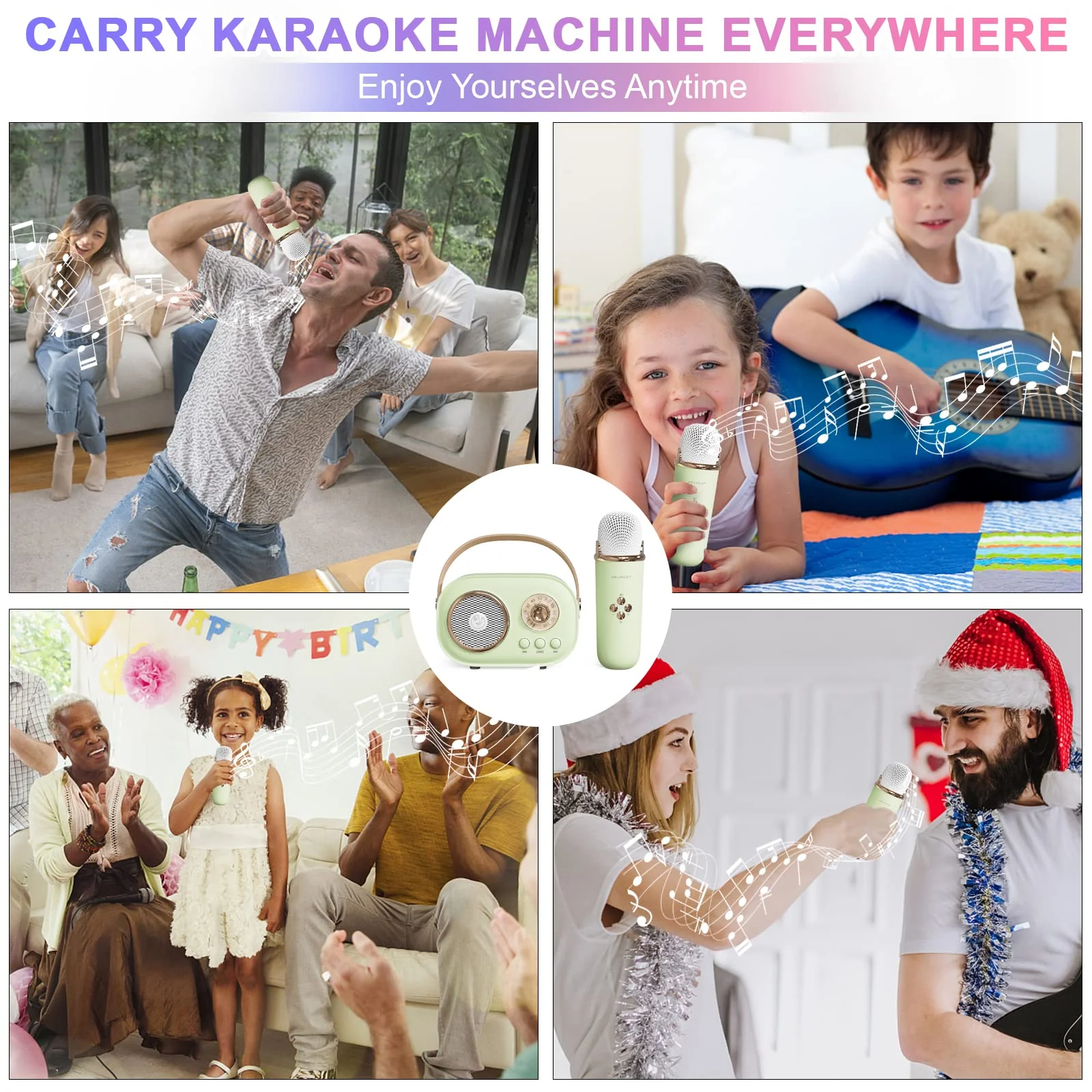 Mini Karaoke Machine for Kids,Portable Bluetooth Speaker with 2 Wireless Microphone,Toys for Girls Boys Gifts,Retro Speaker Set Stereo Sound Enhanced Bass for Home Party Birthday (Green) Green - Image 4