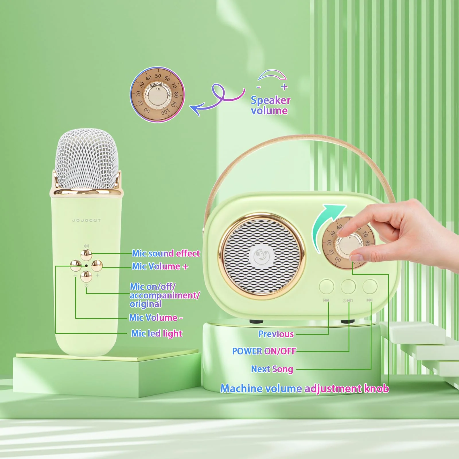 Mini Karaoke Machine for Kids,Portable Bluetooth Speaker with 2 Wireless Microphone,Toys for Girls Boys Gifts,Retro Speaker Set Stereo Sound Enhanced Bass for Home Party Birthday (Green) Green - Image 5