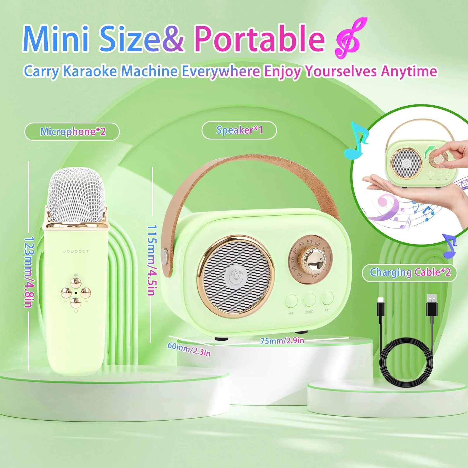 Mini Karaoke Machine for Kids,Portable Bluetooth Speaker with 2 Wireless Microphone,Toys for Girls Boys Gifts,Retro Speaker Set Stereo Sound Enhanced Bass for Home Party Birthday (Green) Green - Image 6