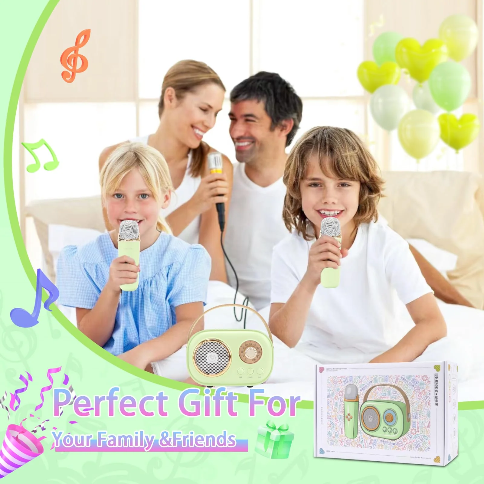 Mini Karaoke Machine for Kids,Portable Bluetooth Speaker with 2 Wireless Microphone,Toys for Girls Boys Gifts,Retro Speaker Set Stereo Sound Enhanced Bass for Home Party Birthday (Green) Green - Image 7