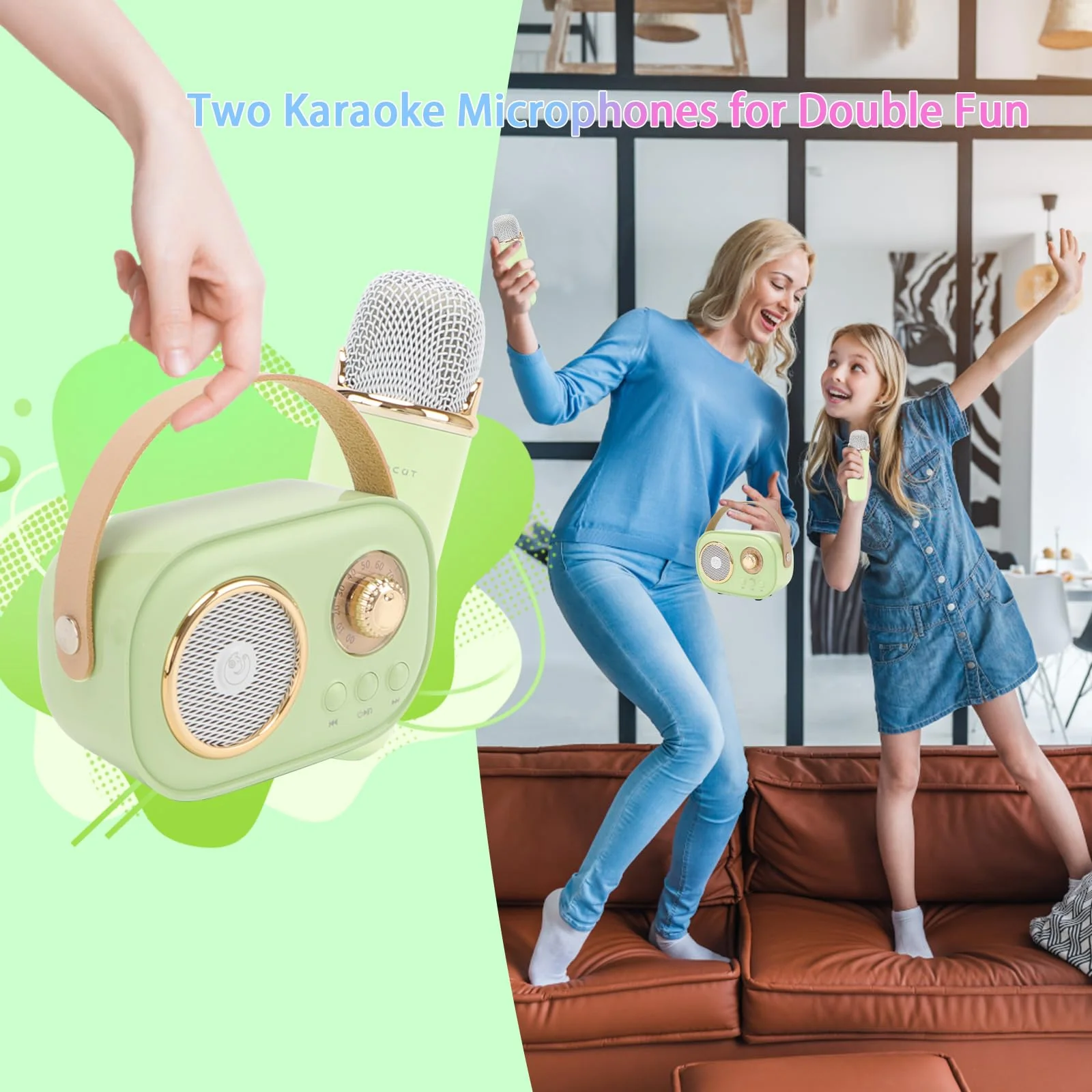 Mini Karaoke Machine for Kids,Portable Bluetooth Speaker with 2 Wireless Microphone,Toys for Girls Boys Gifts,Retro Speaker Set Stereo Sound Enhanced Bass for Home Party Birthday (Green) Green - Image 8