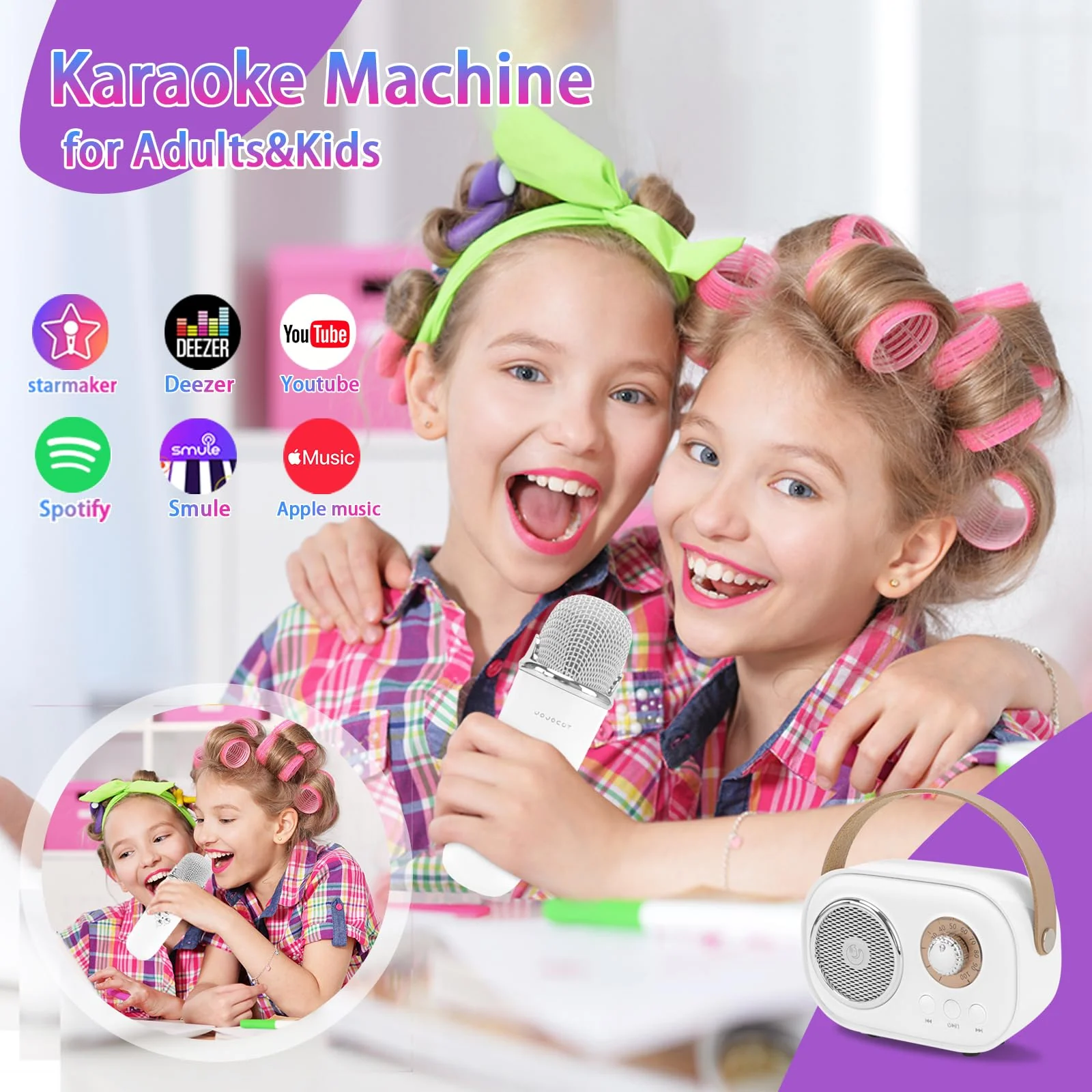 Mini Karaoke Machine for Kids,Portable Bluetooth Speaker with 2 Wireless Microphone,Toys for Girls Boys Gifts,Retro Speaker Set Stereo Sound Enhanced Bass for Home Party Birthday (White) White - Image 2
