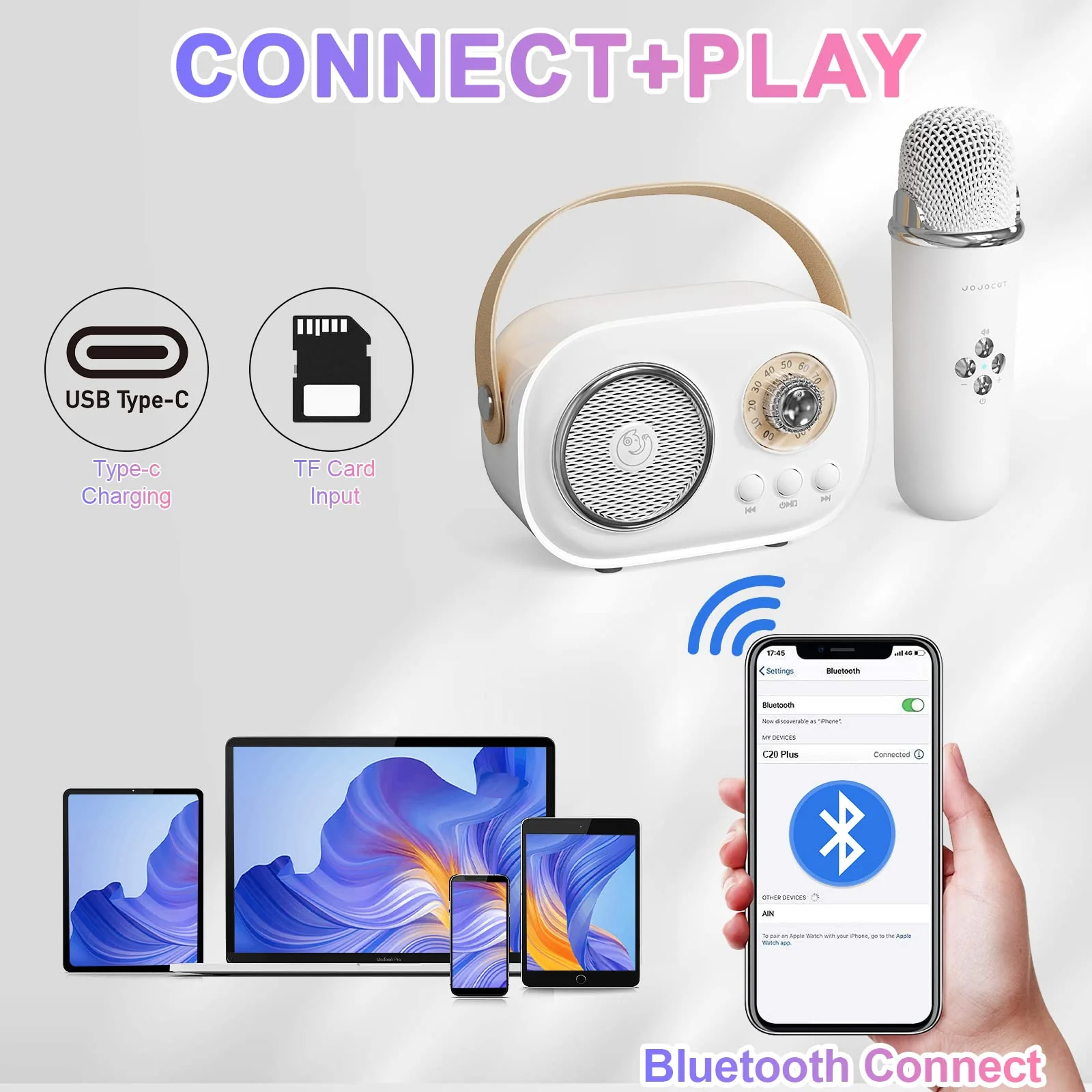 Mini Karaoke Machine for Kids,Portable Bluetooth Speaker with 2 Wireless Microphone,Toys for Girls Boys Gifts,Retro Speaker Set Stereo Sound Enhanced Bass for Home Party Birthday (White) White - Image 4