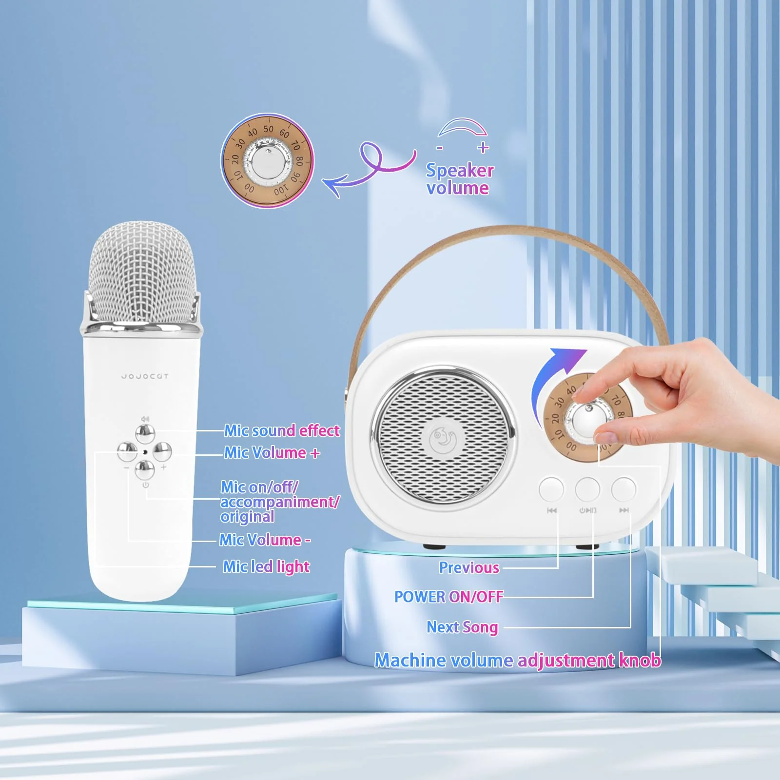 Mini Karaoke Machine for Kids,Portable Bluetooth Speaker with 2 Wireless Microphone,Toys for Girls Boys Gifts,Retro Speaker Set Stereo Sound Enhanced Bass for Home Party Birthday (White) White - Image 5