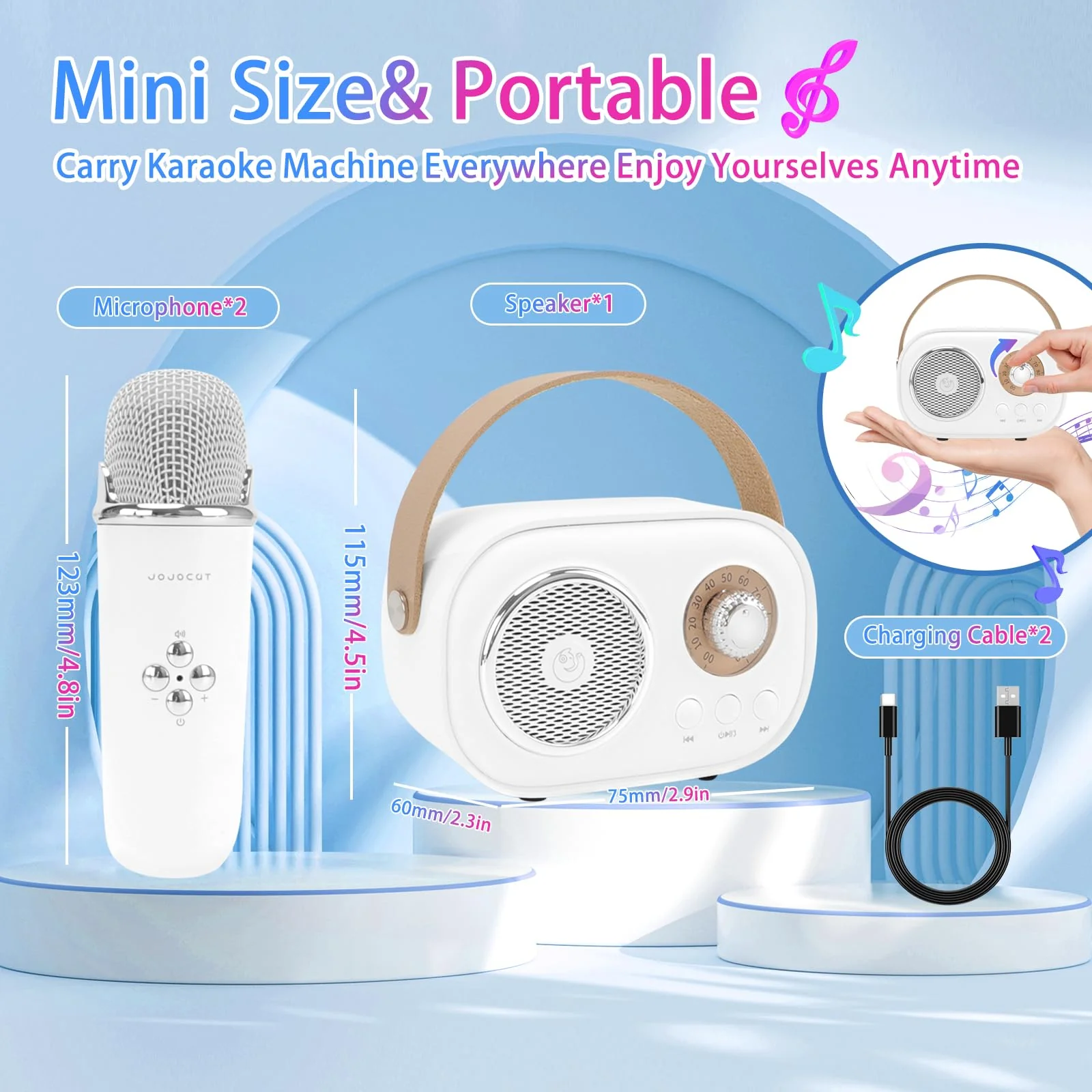 Mini Karaoke Machine for Kids,Portable Bluetooth Speaker with 2 Wireless Microphone,Toys for Girls Boys Gifts,Retro Speaker Set Stereo Sound Enhanced Bass for Home Party Birthday (White) White - Image 6