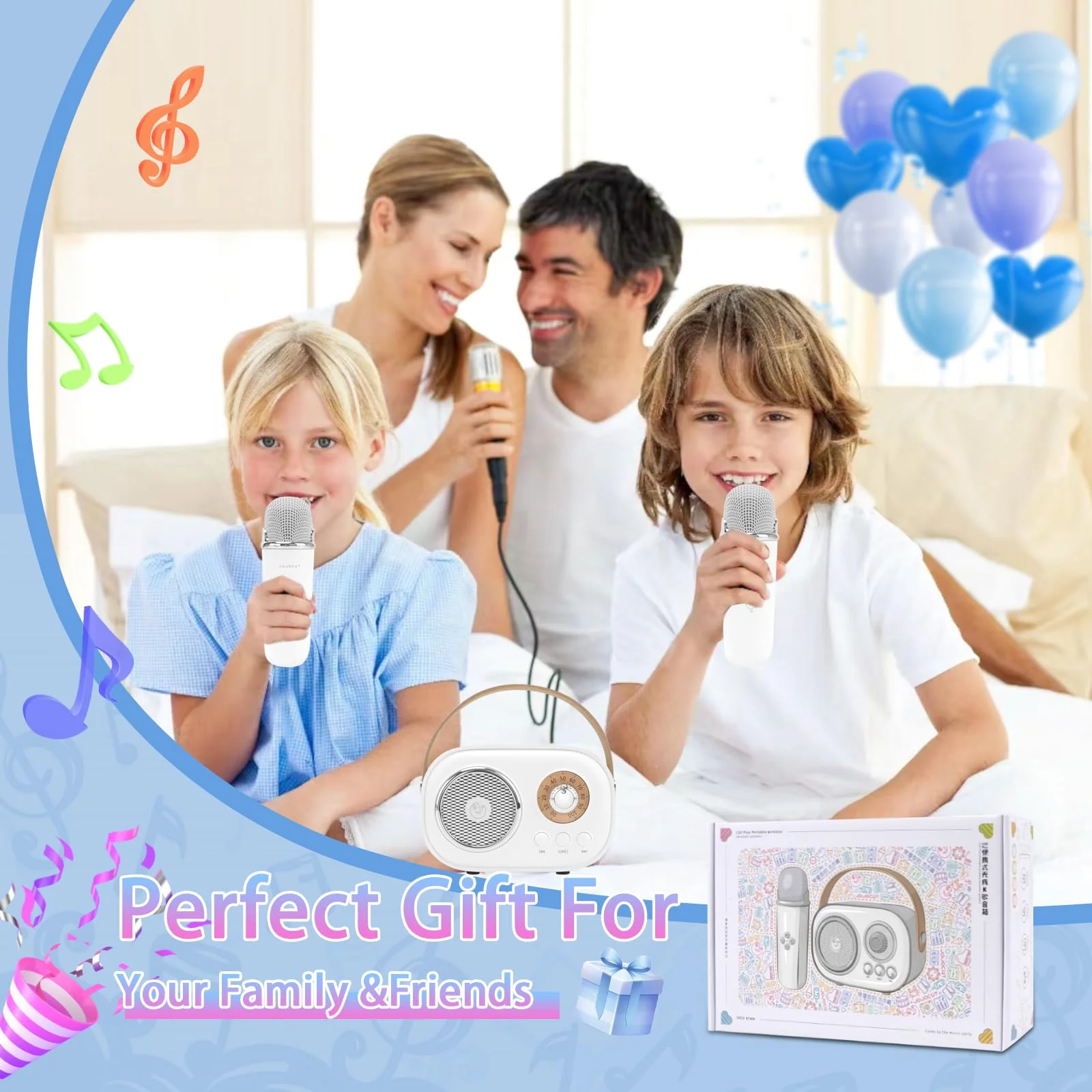Mini Karaoke Machine for Kids,Portable Bluetooth Speaker with 2 Wireless Microphone,Toys for Girls Boys Gifts,Retro Speaker Set Stereo Sound Enhanced Bass for Home Party Birthday (White) White - Image 8