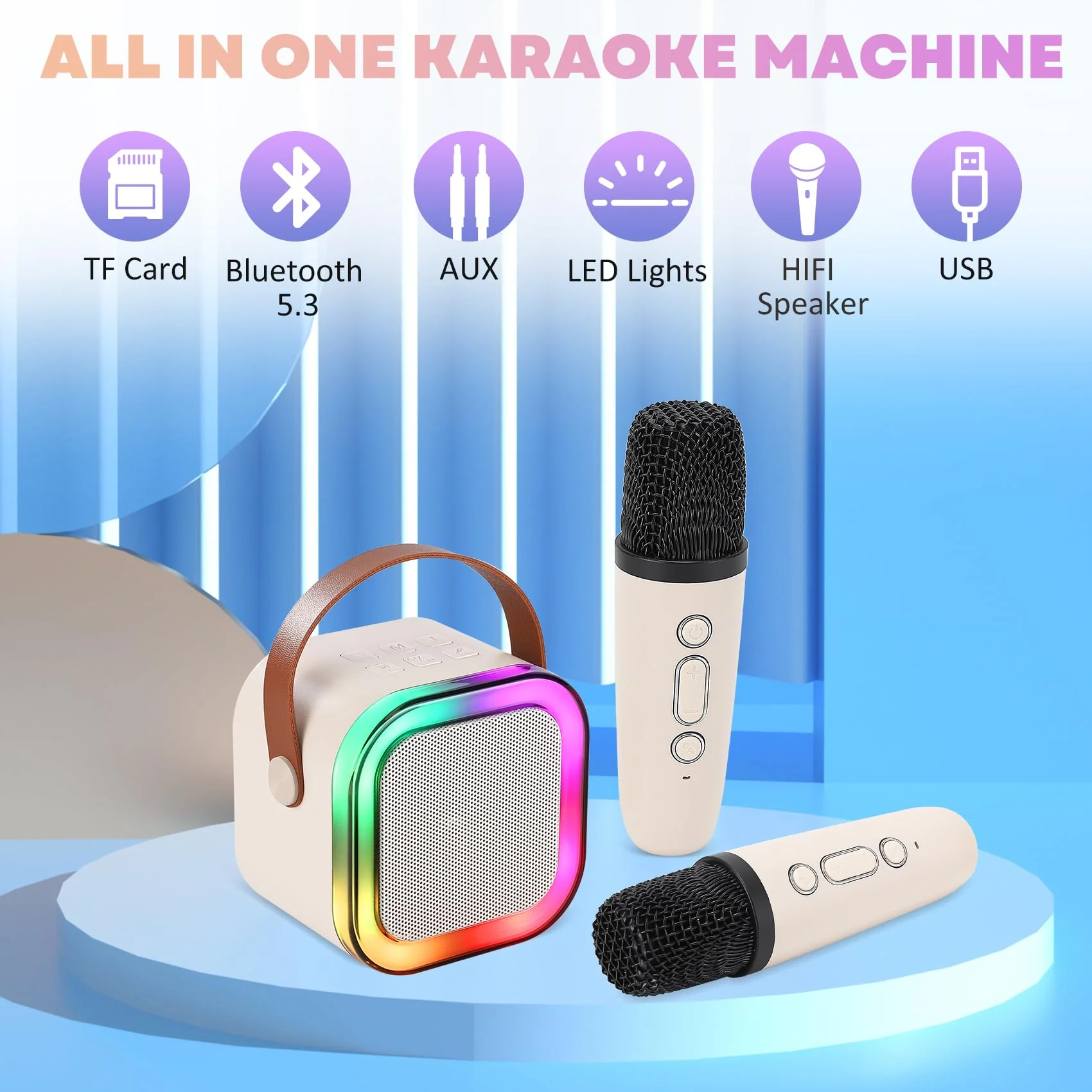 Mini Karaoke Machine for Kids, Portable Bluetooth Speaker with 2 Wireless Microphones,Christmas and Birthday Gifts Suitable for Girls Aged 4 to 12(White) white - Image 2