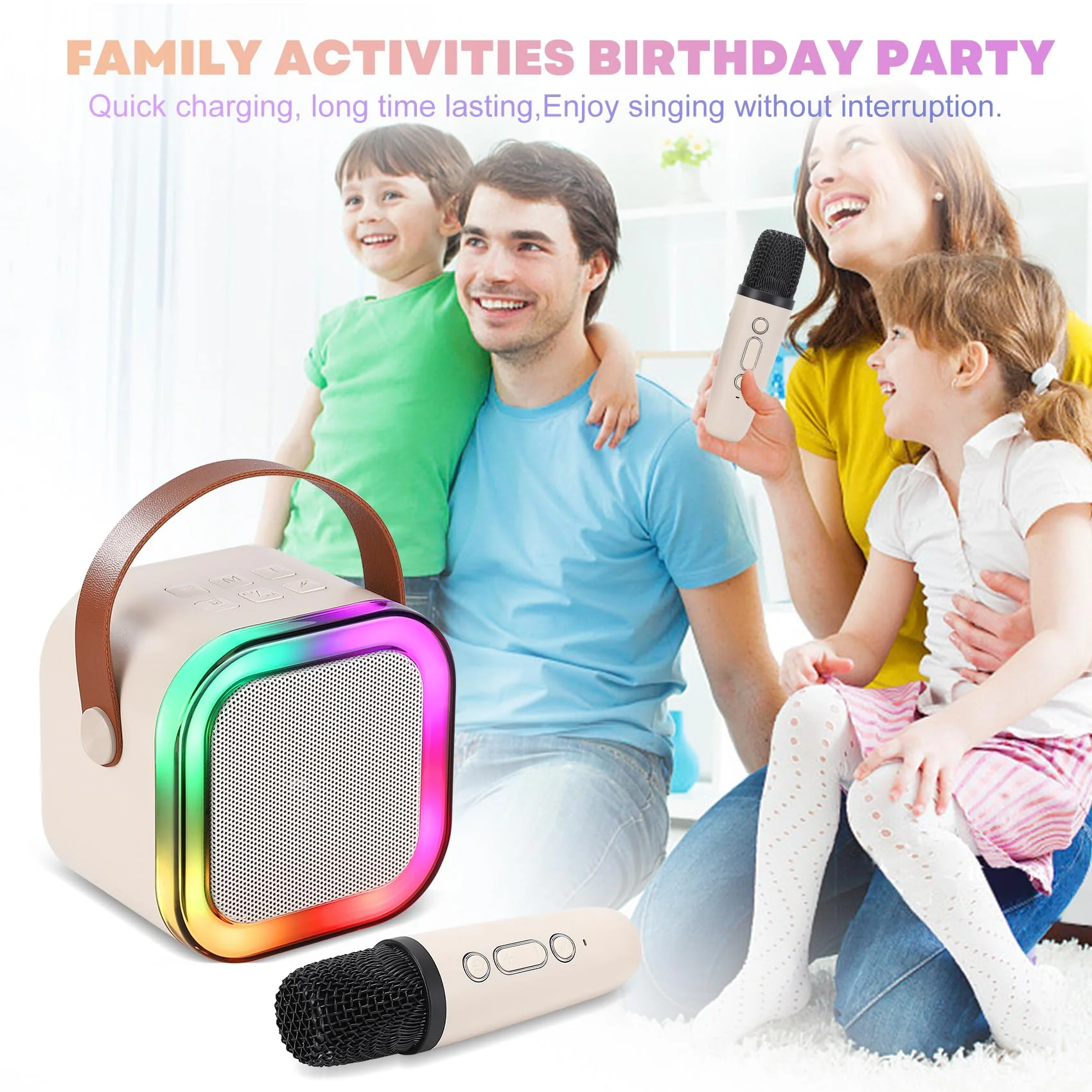 Mini Karaoke Machine for Kids, Portable Bluetooth Speaker with 2 Wireless Microphones,Christmas and Birthday Gifts Suitable for Girls Aged 4 to 12(White) white - Image 6