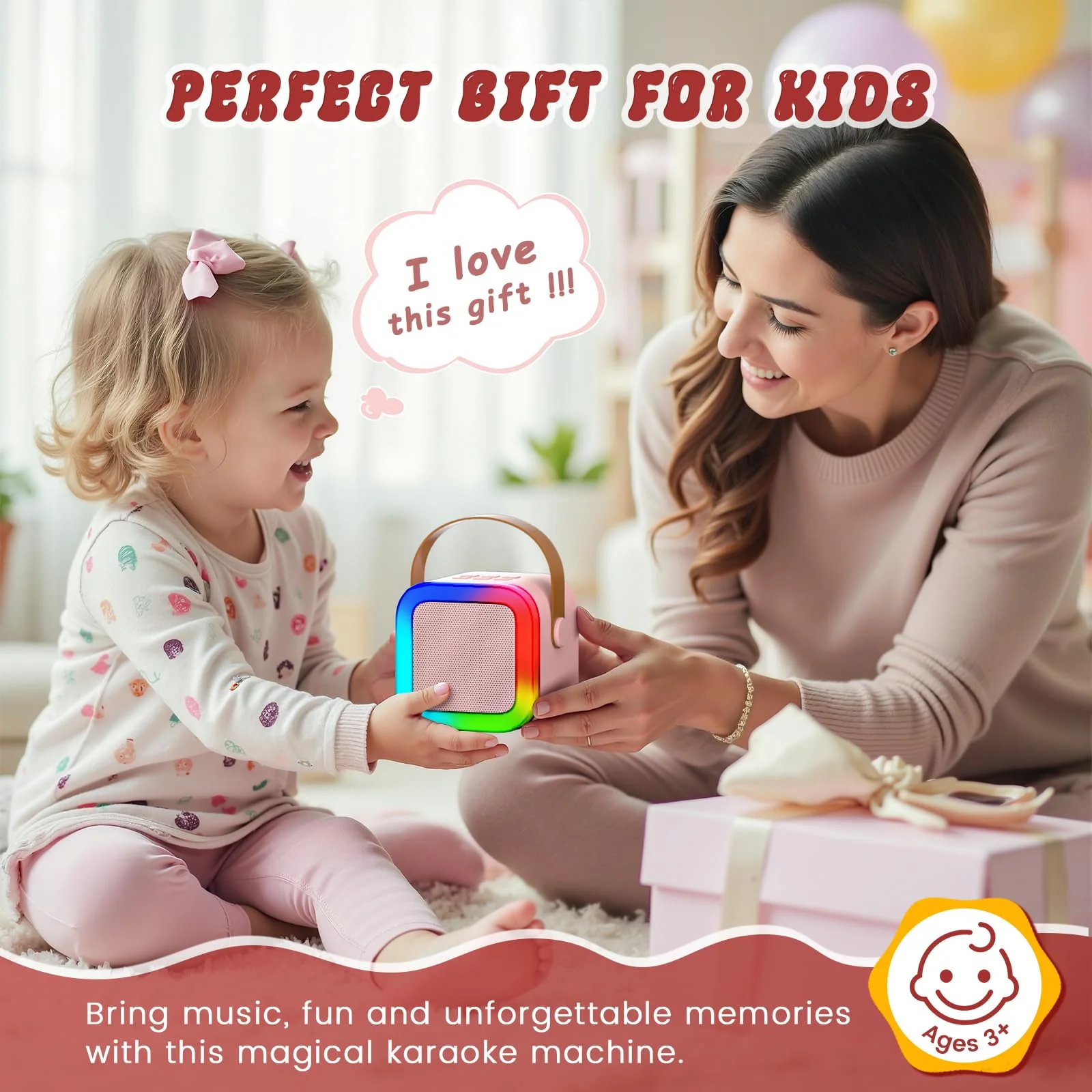 Mini Karaoke Machine for Kids,Portable Bluetooth Speaker with 2 Wireless Microphones,Toddler Music Player Toys,Easter Birthday Gifts for 3,4,5,6,7,8,9,10,11,12+Years Old Girls Boys (Pink) Pink - Image 2