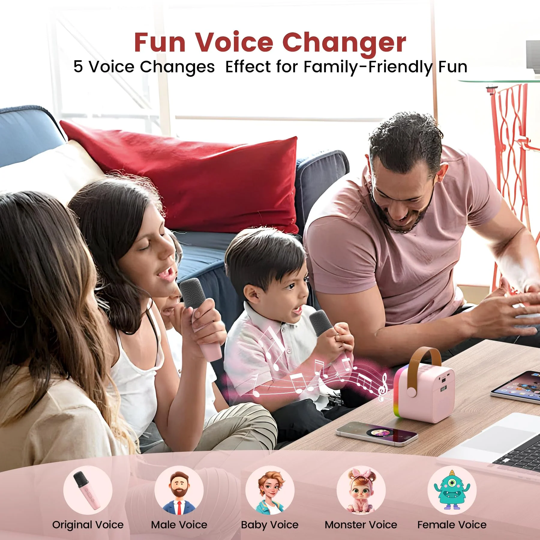 Mini Karaoke Machine for Kids,Portable Bluetooth Speaker with 2 Wireless Microphones,Toddler Music Player Toys,Easter Birthday Gifts for 3,4,5,6,7,8,9,10,11,12+Years Old Girls Boys (Pink) Pink - Image 5