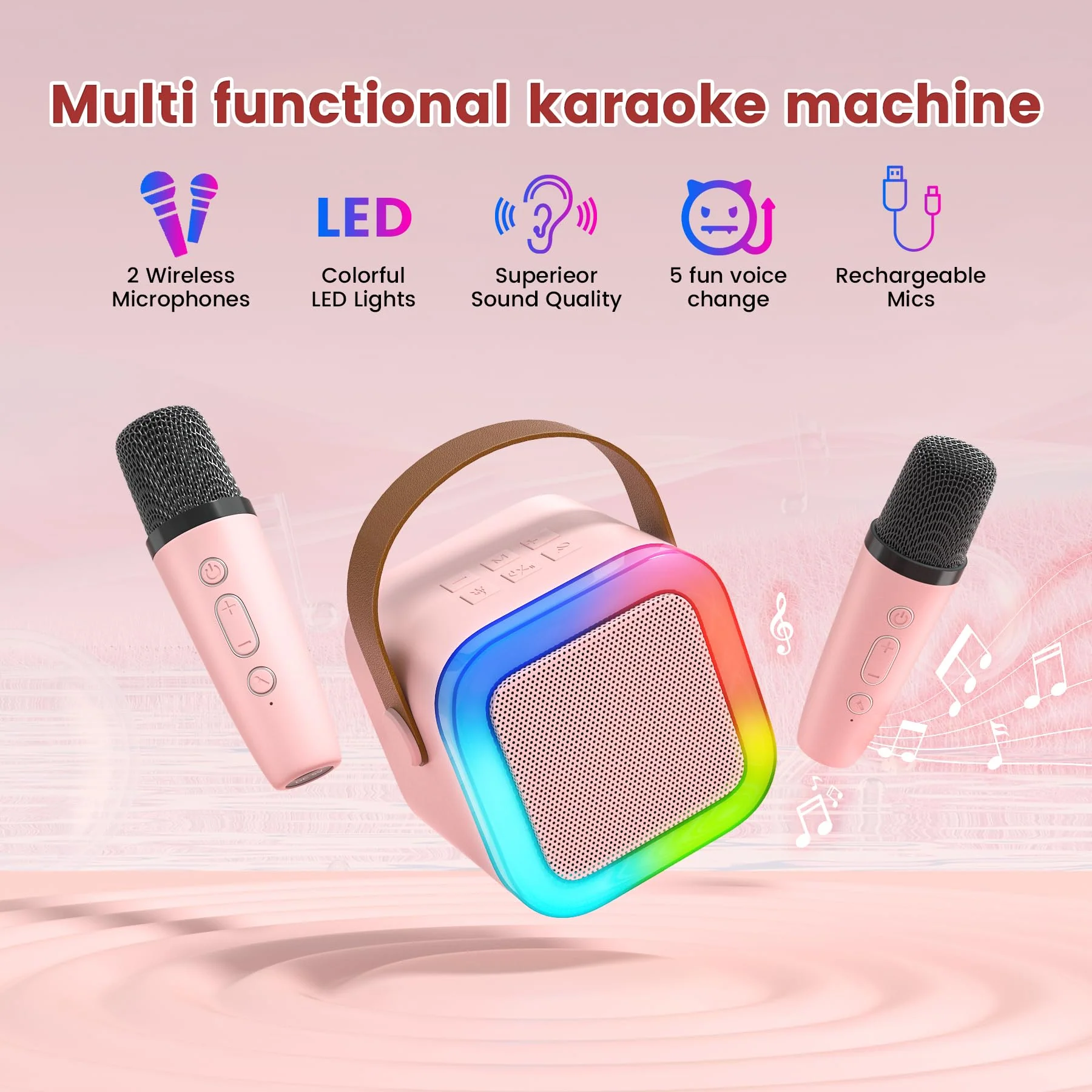 Mini Karaoke Machine for Kids,Portable Bluetooth Speaker with 2 Wireless Microphones,Toddler Music Player Toys,Easter Birthday Gifts for 3,4,5,6,7,8,9,10,11,12+Years Old Girls Boys (Pink) Pink - Image 6