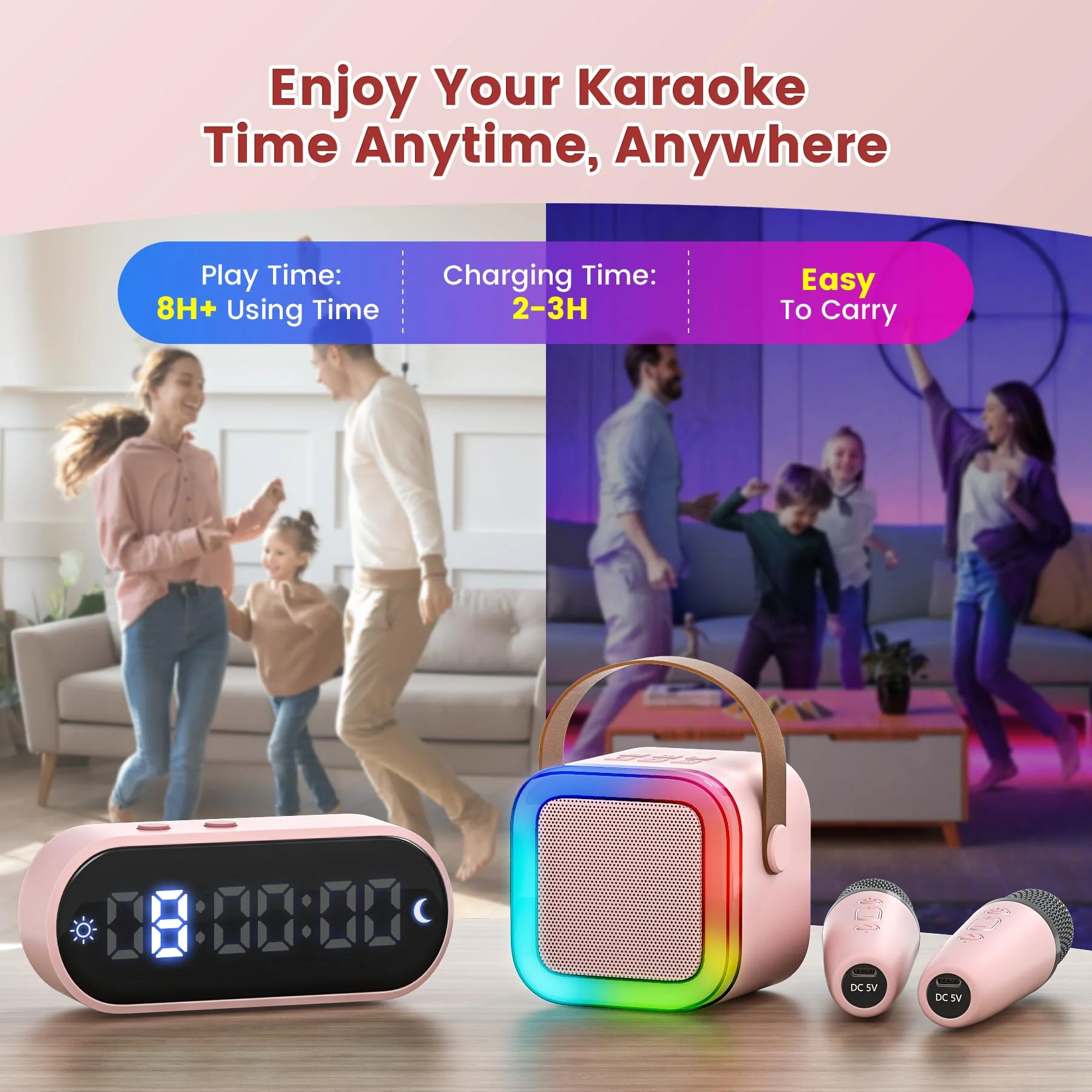 Mini Karaoke Machine for Kids,Portable Bluetooth Speaker with 2 Wireless Microphones,Toddler Music Player Toys,Easter Birthday Gifts for 3,4,5,6,7,8,9,10,11,12+Years Old Girls Boys (Pink) Pink - Image 7