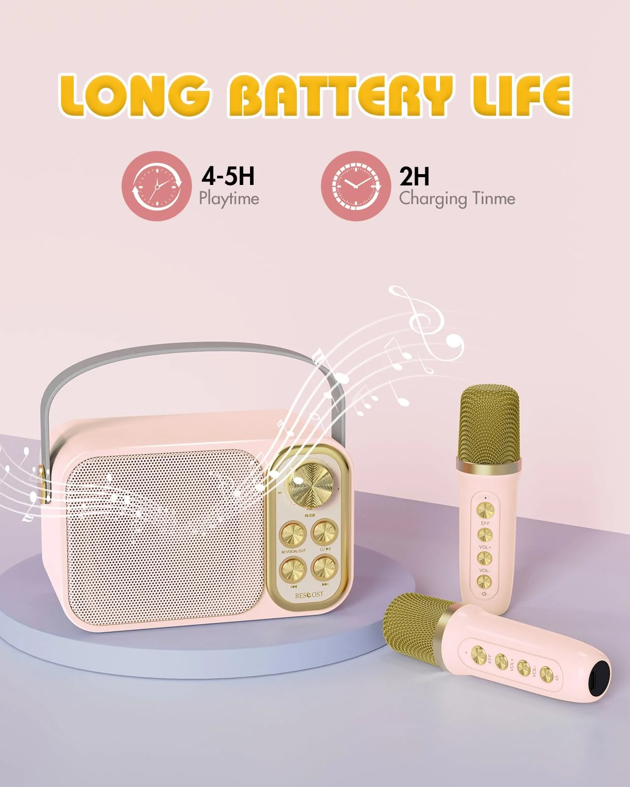 Mini Karaoke Machine for Kids with 2 Wireless Microphone, Portable Bluetooth Speaker, Kids Karaoke Machine to Sing Anywhere, for Girls, Ideal for Party, Birthday, Family Meeting Pink - Image 4
