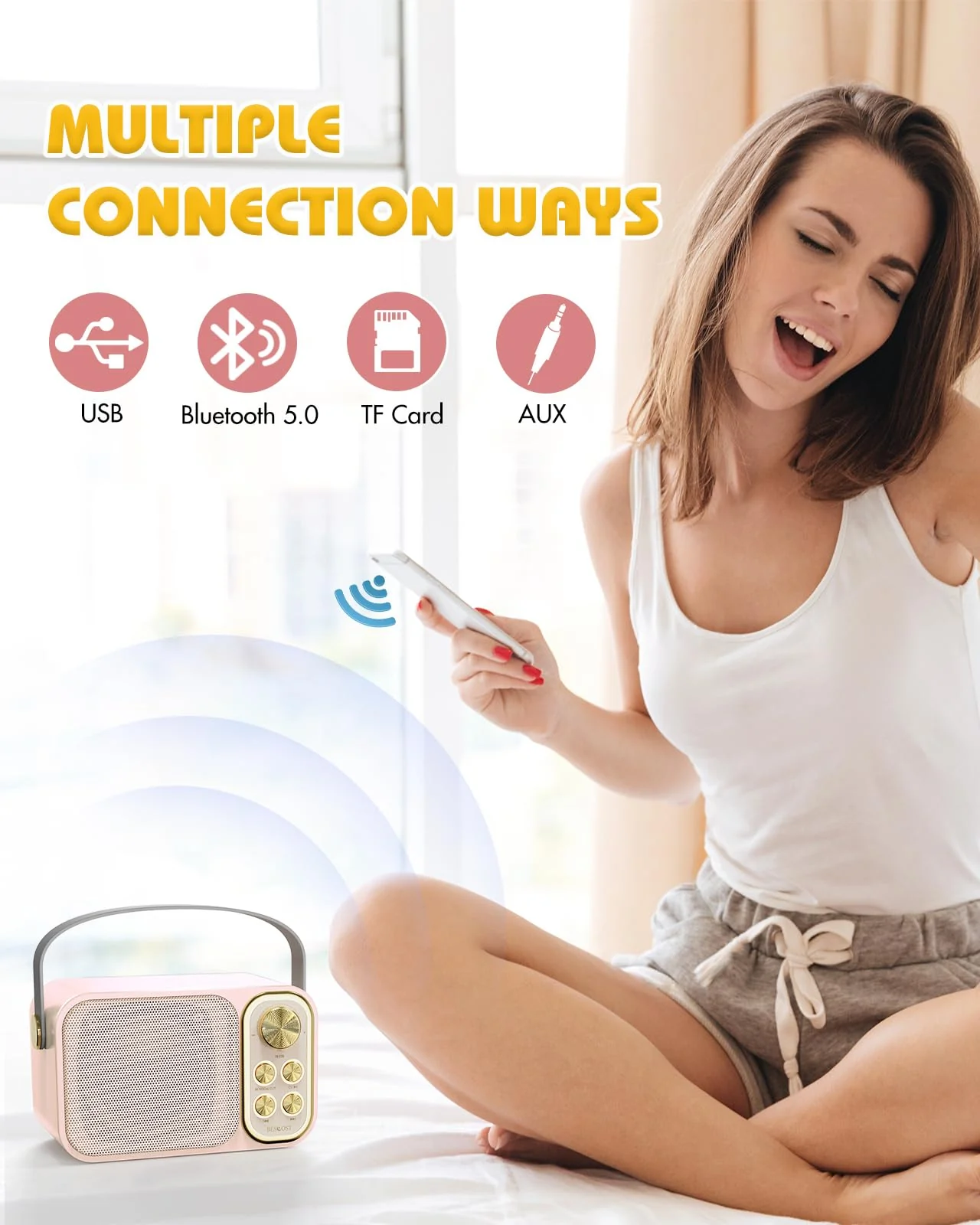 Mini Karaoke Machine for Kids with 2 Wireless Microphone, Portable Bluetooth Speaker, Kids Karaoke Machine to Sing Anywhere, for Girls, Ideal for Party, Birthday, Family Meeting Pink - Image 5