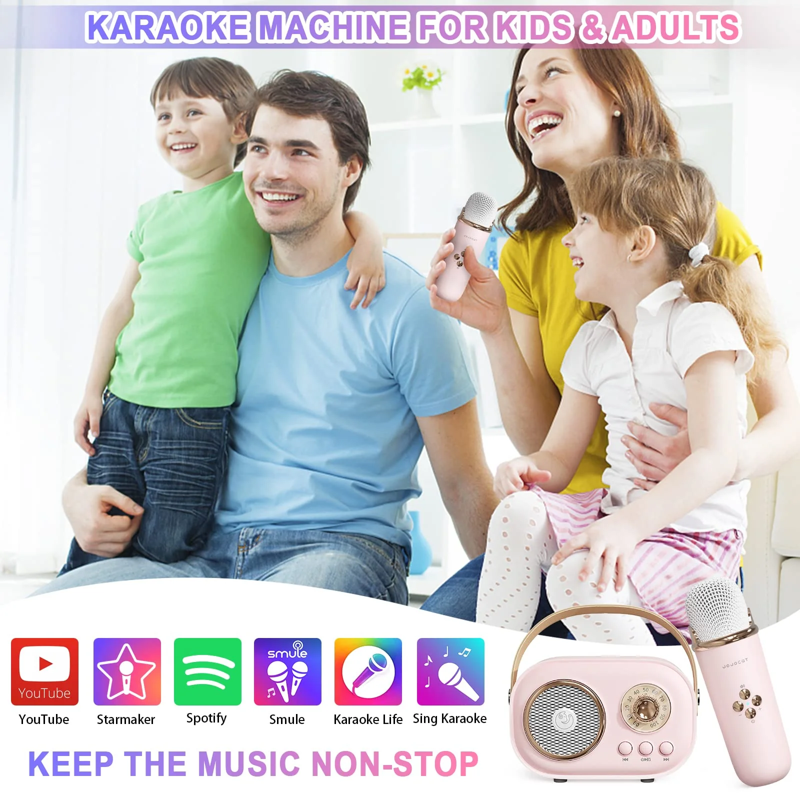 Mini Karaoke Machine,Karaoke Machine for Kids and Adults,Cute Karaoke with Microphone Set,Portable Bluetooth Speaker with Microphone,Retro Handheld Style for Family Party Meeting Singing (Pink) Pink - Image 2
