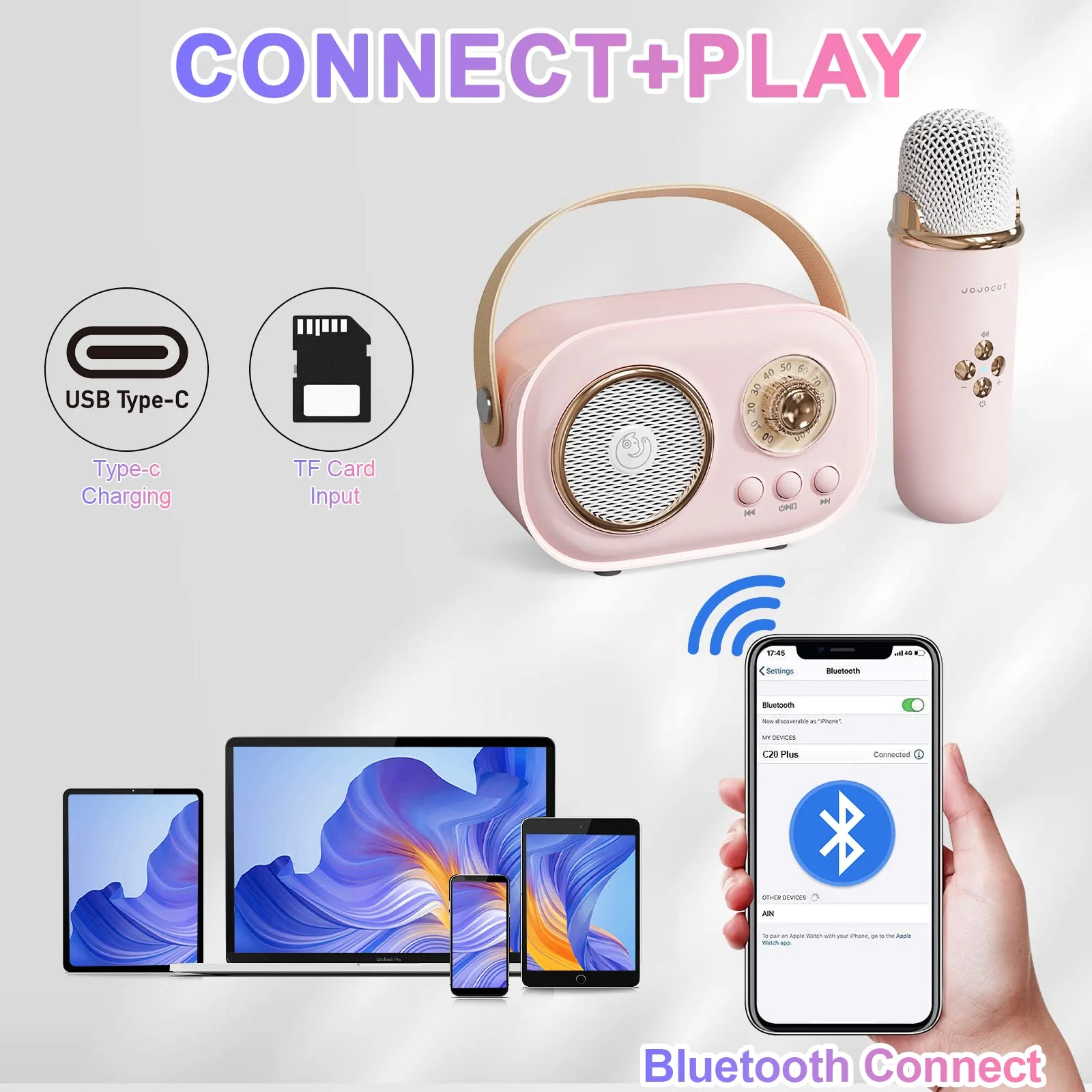 Mini Karaoke Machine,Karaoke Machine for Kids and Adults,Cute Karaoke with Microphone Set,Portable Bluetooth Speaker with Microphone,Retro Handheld Style for Family Party Meeting Singing (Pink) Pink - Image 4