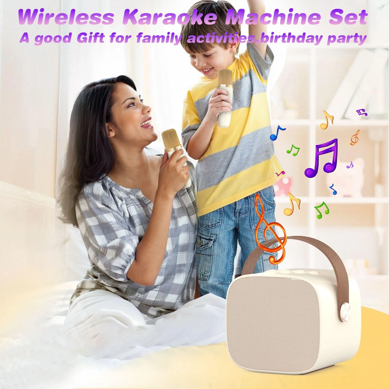 Mini Karaoke Machine Microphone,Fun Toys Christmas Birthday Gifts for Adult Kids/Toddler Boys Girls 3 4 5 6 7 8 9 10 11 12+,Portable Bluetooth Speaker with 2 Wireless Microphone Beige 2 Mics - Image 3