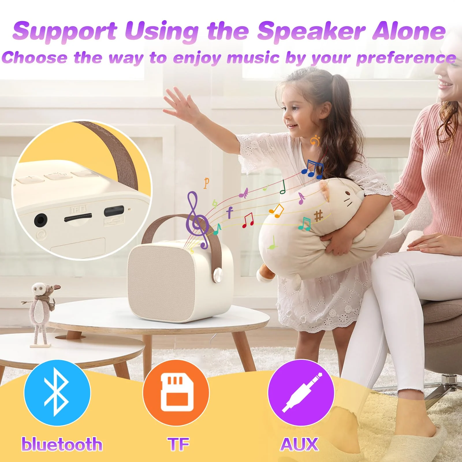 Mini Karaoke Machine Microphone,Fun Toys Christmas Birthday Gifts for Adult Kids/Toddler Boys Girls 3 4 5 6 7 8 9 10 11 12+,Portable Bluetooth Speaker with 2 Wireless Microphone Beige 2 Mics - Image 5