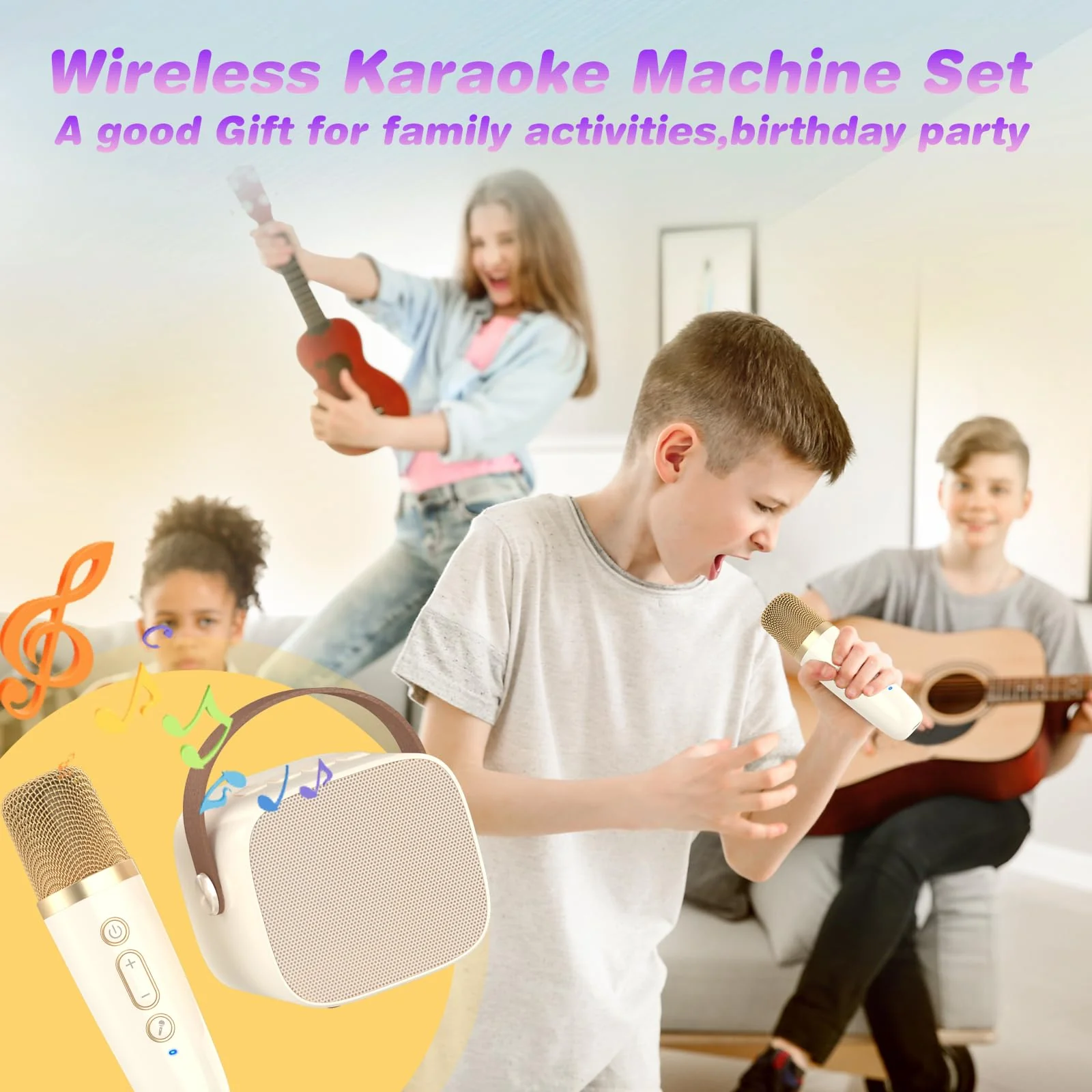 Mini Karaoke Machine Microphone,Fun Toys Christmas Birthday Gifts for Adult Kids/Toddler Boys Girls 3 4 5 6 7 8 9 10 11 12+,Portable Bluetooth Speaker with 2 Wireless Microphone Beige 2 Mics - Image 7