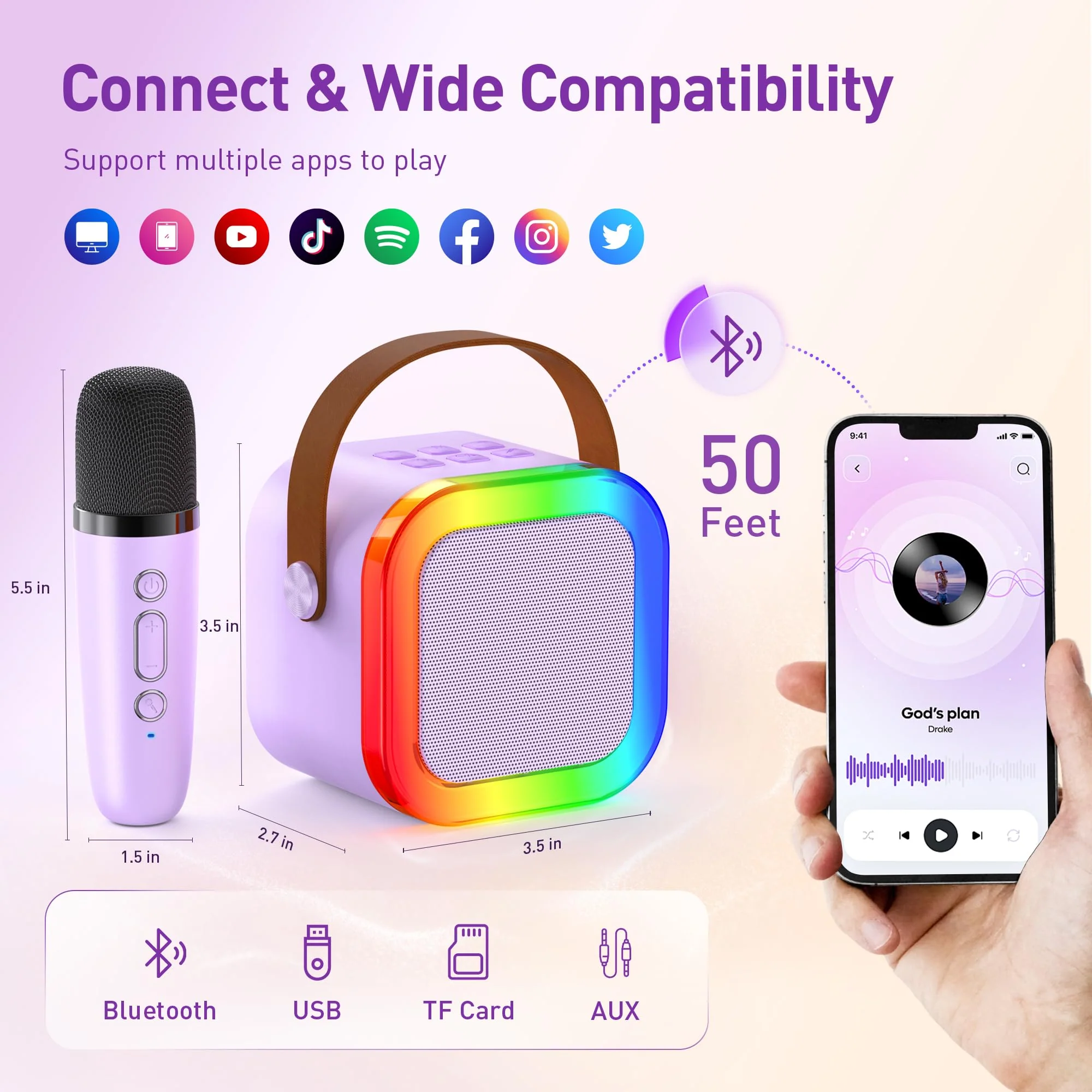 Mini Karaoke Machine: Mini Karaoke Machine with 2 Wireless Karaoke Microphones and Light for Family Home Party - Portable Singing Karaoke Speaker - Stage-subwoofers (Purple) Purple - Image 3