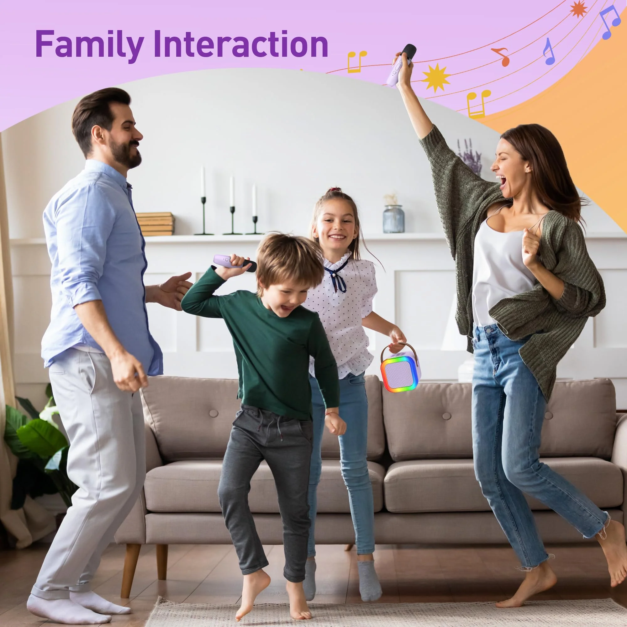Mini Karaoke Machine: Mini Karaoke Machine with 2 Wireless Karaoke Microphones and Light for Family Home Party - Portable Singing Karaoke Speaker - Stage-subwoofers (Purple) Purple - Image 8