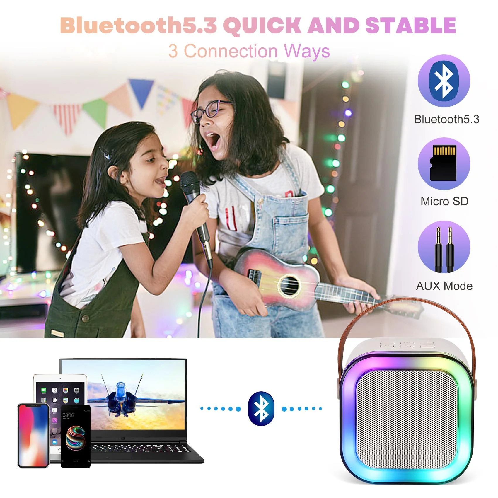 Mini Karaoke Machine, Portable Bluetooth Karaoke Speaker with 2 Wireless Microphones and Light for Family Home Party,Toys for Girls Boys Friends Age 3-12+ Kids and Adults Birthday Gifts. (Beige) white - Image 3