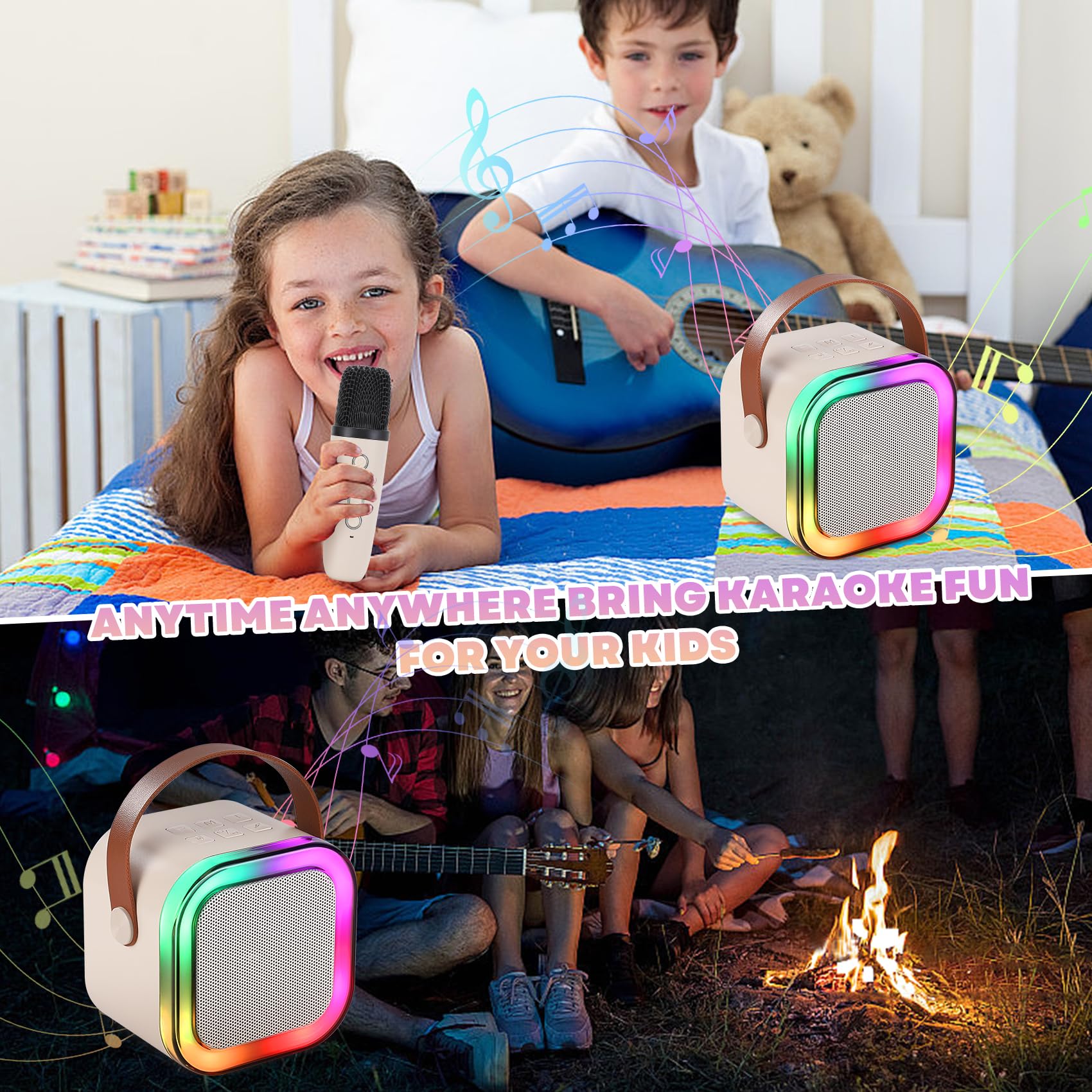 Mini Karaoke Machine, Portable Bluetooth Karaoke Speaker with 2 Wireless Microphones and Light for Family Home Party,Toys for Girls Boys Friends Age 3-12+ Kids and Adults Birthday Gifts. (Beige) white - Image 5