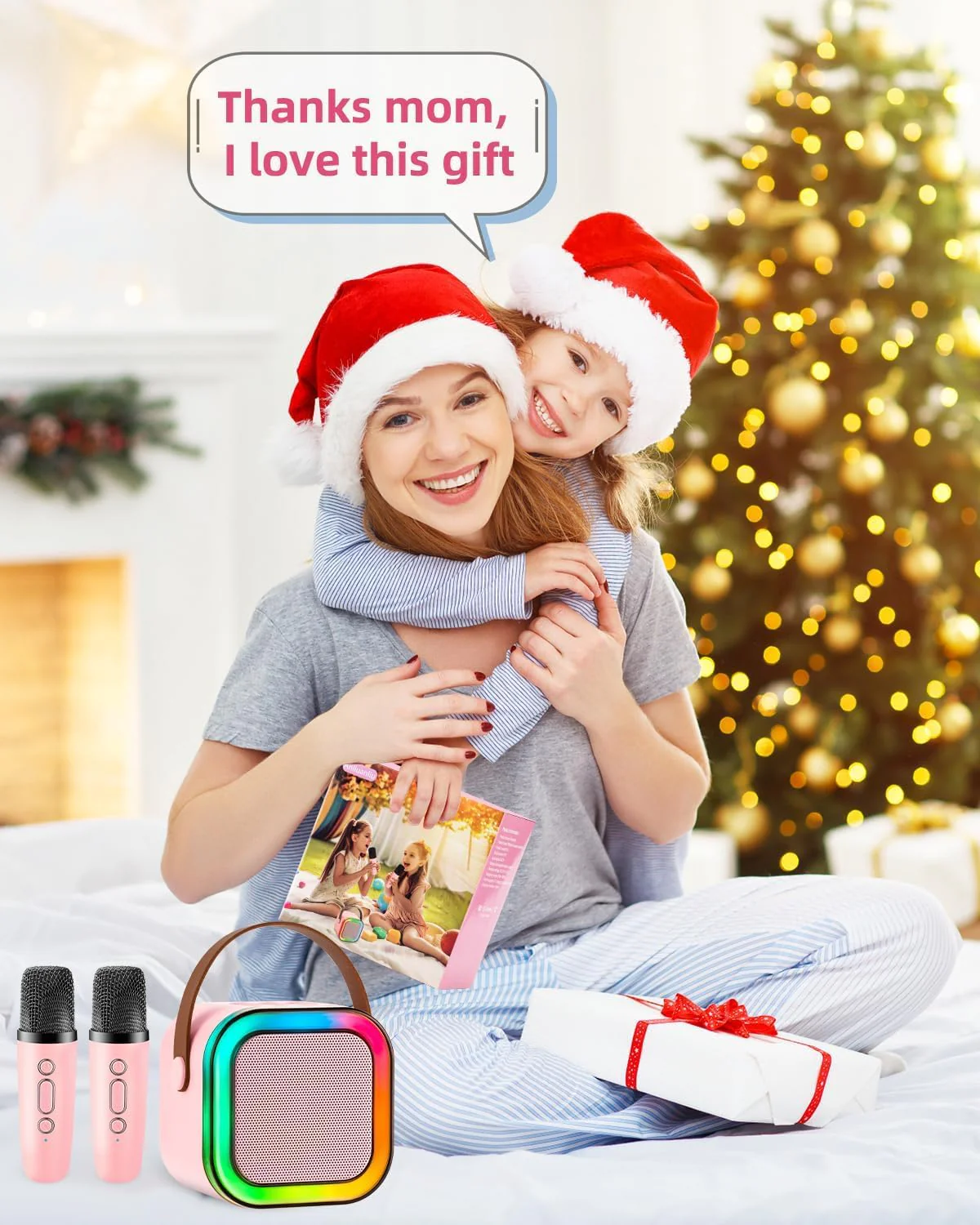 Mini Karaoke Machine, Portable Bluetooth Karaoke Speaker with 2 Wireless Microphones and Light for Family Home Party,Toys for Girls Boys Friends Age 3-12+ Kids and Adults Birthday Gifts. (Beige) white - Image 7