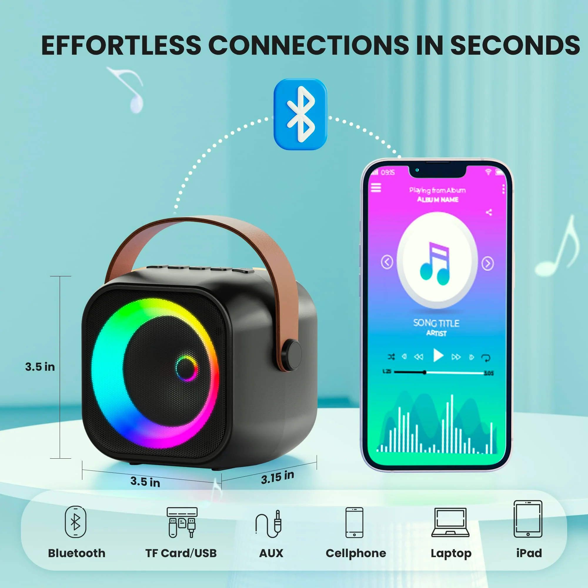 Mini Karaoke Machine, Portable Bluetooth Karaoke Speaker with 2 Wireless Microphones and Party Lights for Kids and Adults, Birthday Gifts for Girls Boys Family Home Party Black 2 Mics - Image 3