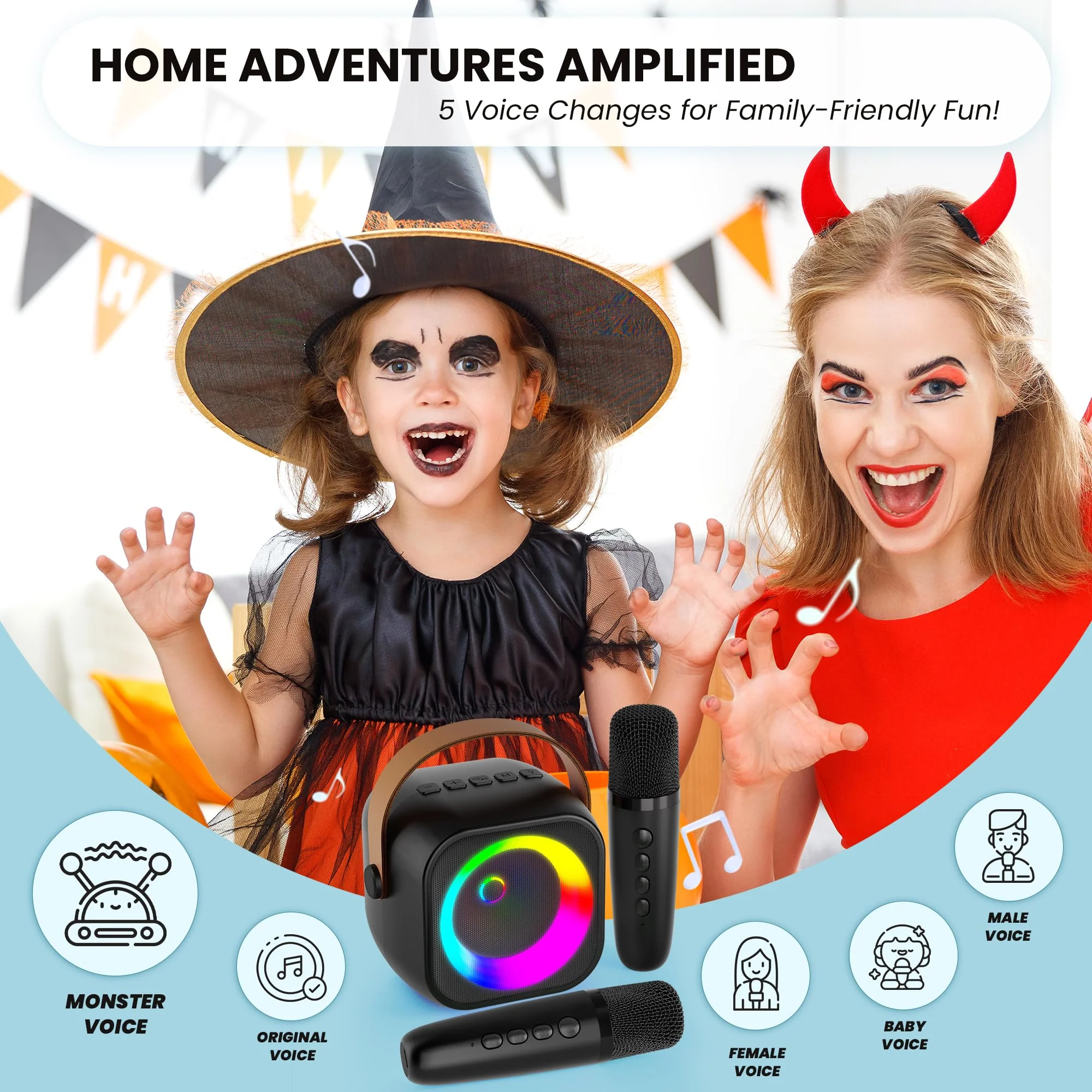 Mini Karaoke Machine, Portable Bluetooth Karaoke Speaker with 2 Wireless Microphones and Party Lights for Kids and Adults, Birthday Gifts for Girls Boys Family Home Party Black 2 Mics - Image 4