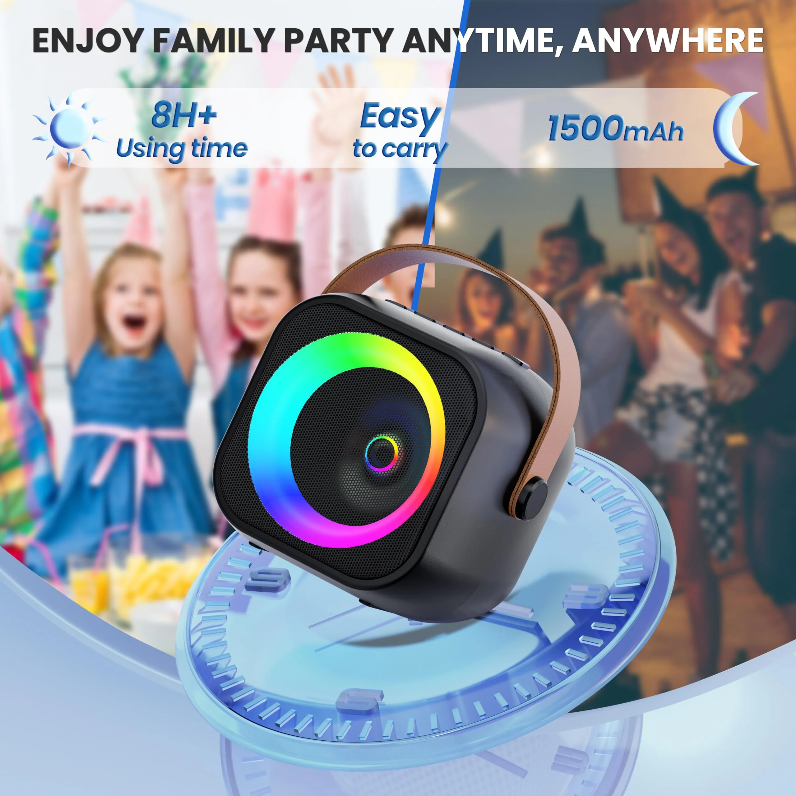 Mini Karaoke Machine, Portable Bluetooth Karaoke Speaker with 2 Wireless Microphones and Party Lights for Kids and Adults, Birthday Gifts for Girls Boys Family Home Party Black 2 Mics - Image 5