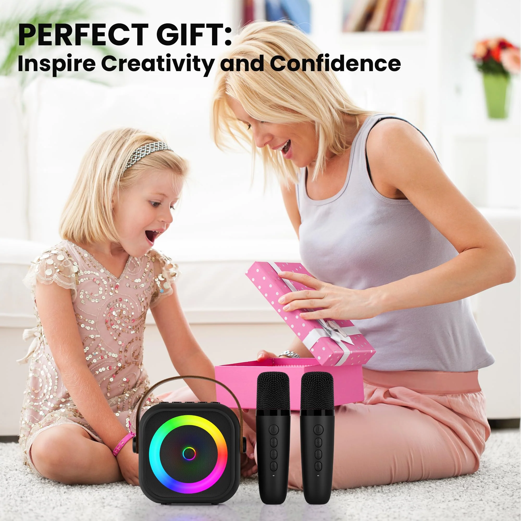 Mini Karaoke Machine, Portable Bluetooth Karaoke Speaker with 2 Wireless Microphones and Party Lights for Kids and Adults, Birthday Gifts for Girls Boys Family Home Party Black 2 Mics - Image 6