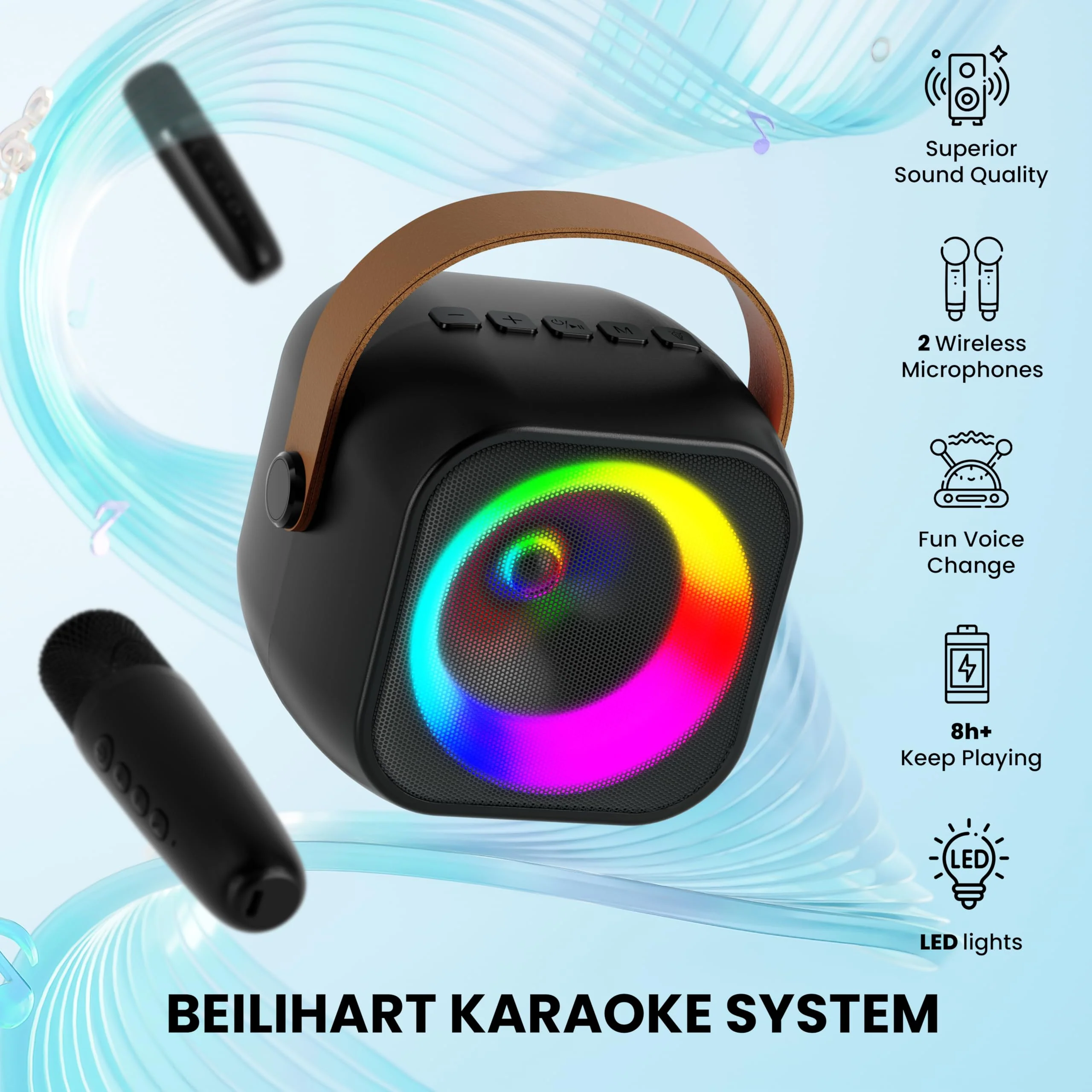 Mini Karaoke Machine, Portable Bluetooth Karaoke Speaker with 2 Wireless Microphones and Party Lights for Kids and Adults, Birthday Gifts for Girls Boys Family Home Party Black 2 Mics - Image 7
