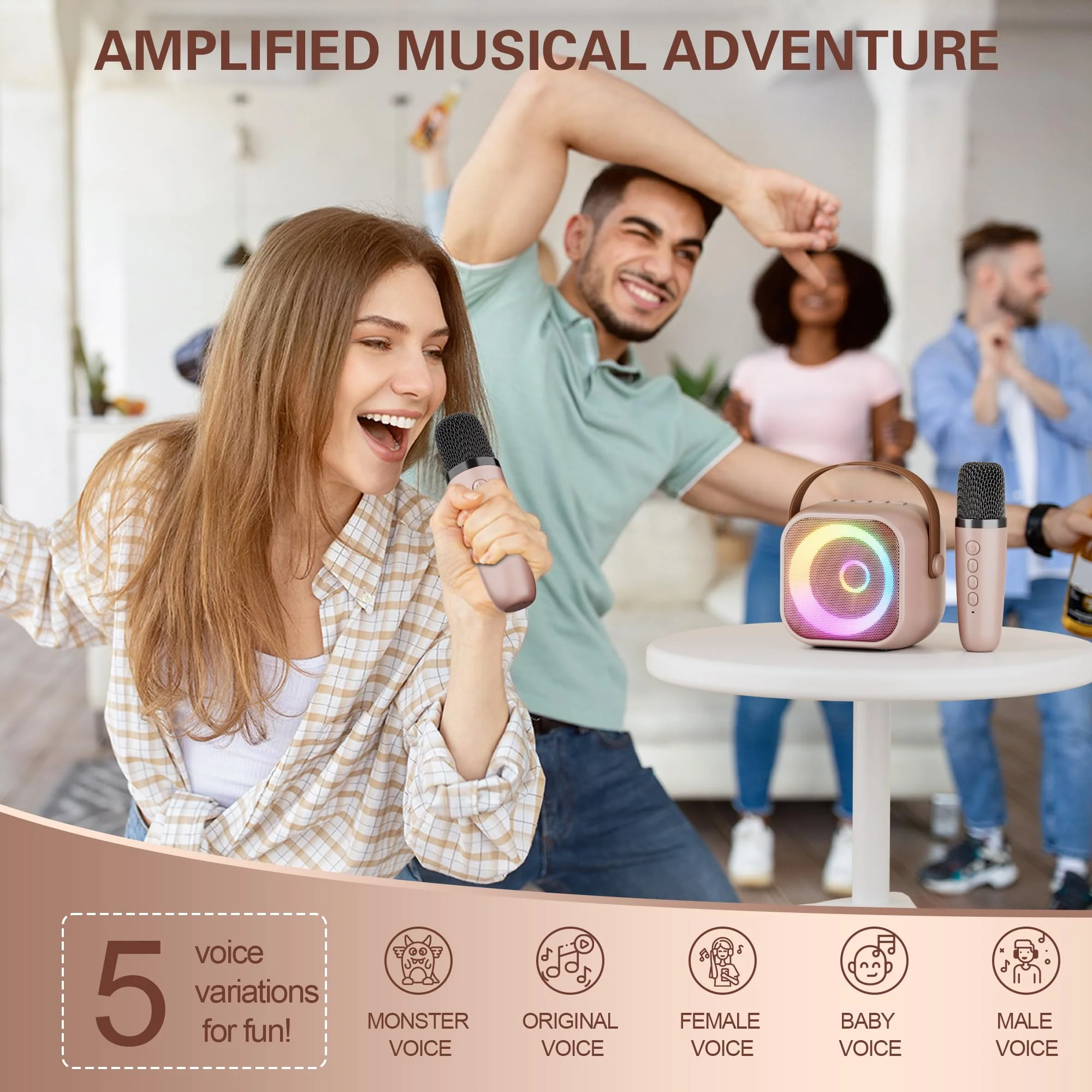 Mini Karaoke Machine, Portable Bluetooth Karaoke Speaker with 2 Wireless Microphones and Party Lights for Kids and Adults, Birthday Gifts for Girls Boys Family Home Party (Rose Gold) 2 Mics Rose Gold - Image 3