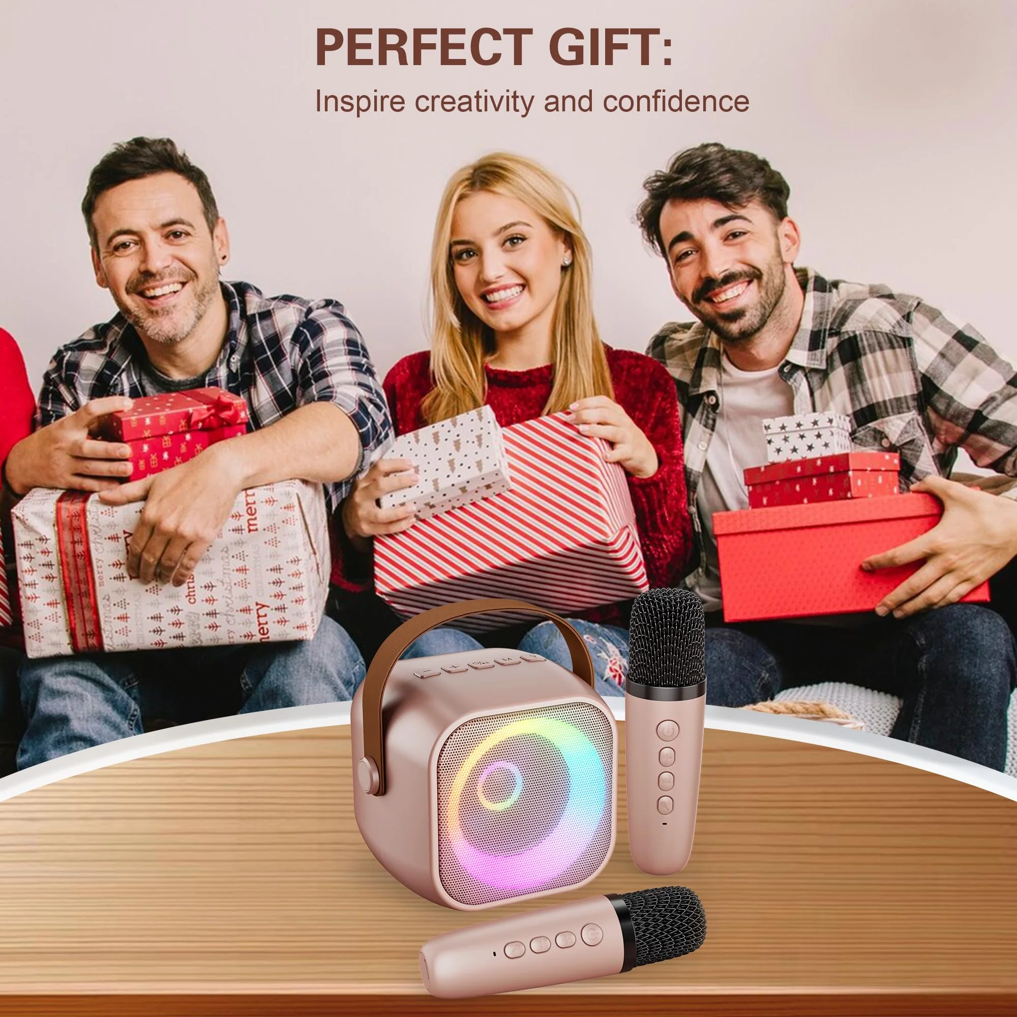 Mini Karaoke Machine, Portable Bluetooth Karaoke Speaker with 2 Wireless Microphones and Party Lights for Kids and Adults, Birthday Gifts for Girls Boys Family Home Party (Rose Gold) 2 Mics Rose Gold - Image 4