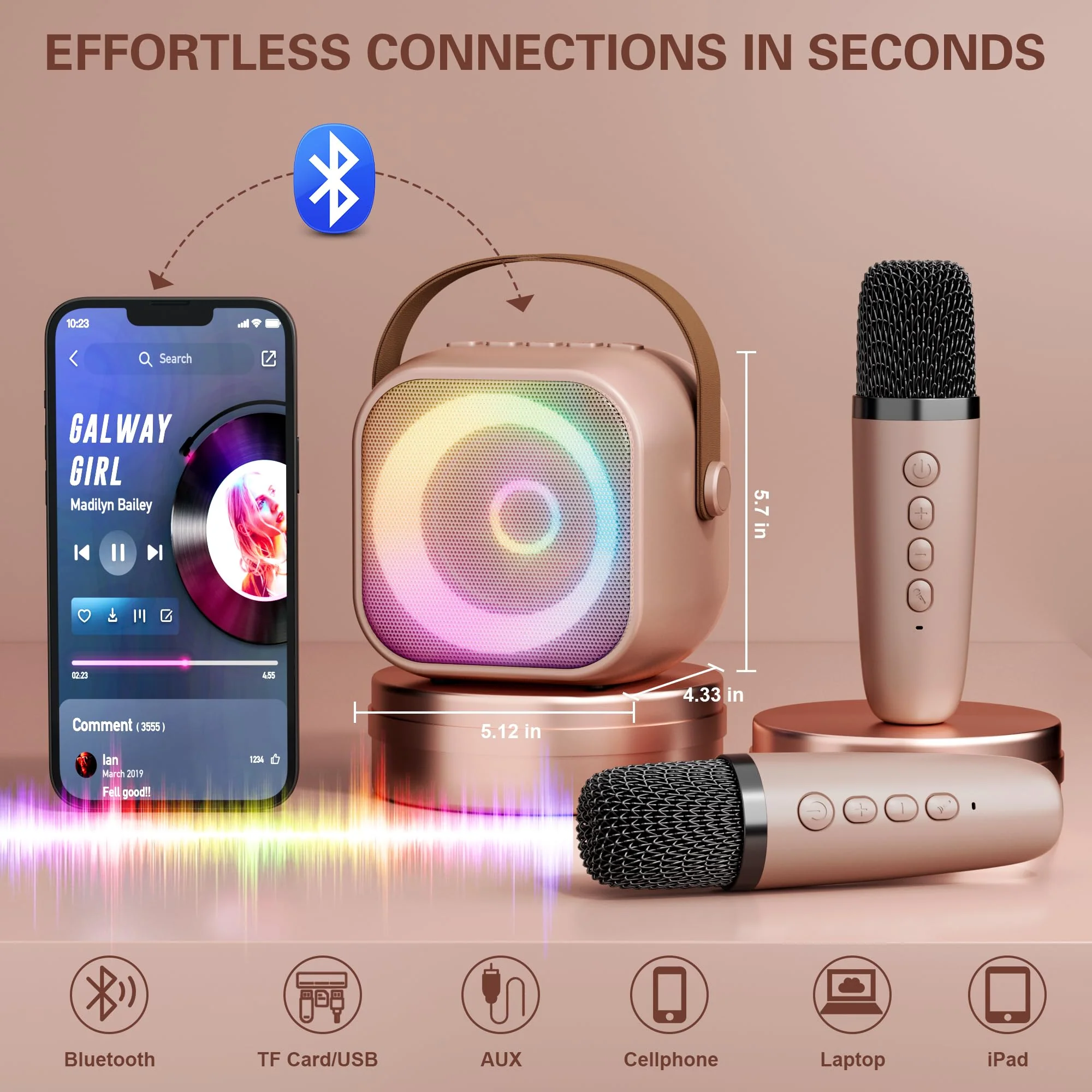 Mini Karaoke Machine, Portable Bluetooth Karaoke Speaker with 2 Wireless Microphones and Party Lights for Kids and Adults, Birthday Gifts for Girls Boys Family Home Party (Rose Gold) 2 Mics Rose Gold - Image 5