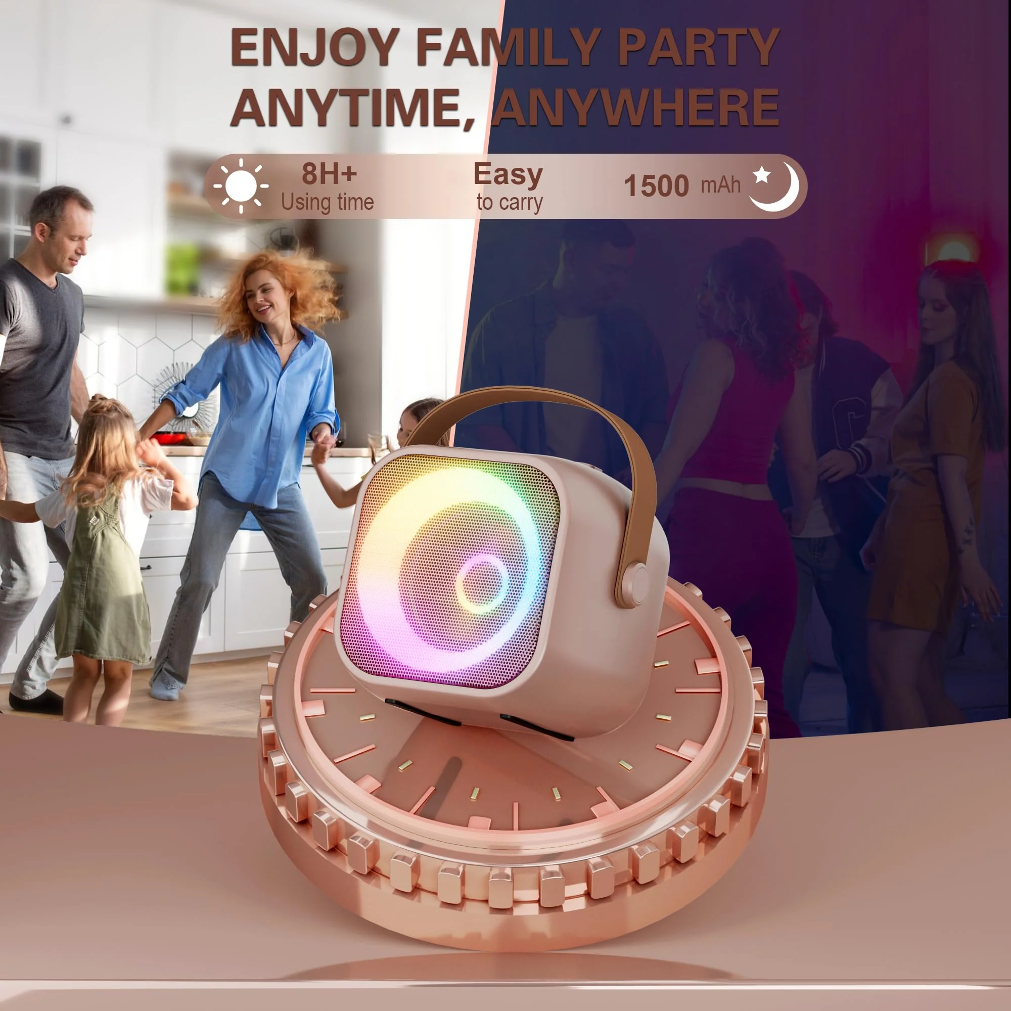 Mini Karaoke Machine, Portable Bluetooth Karaoke Speaker with 2 Wireless Microphones and Party Lights for Kids and Adults, Birthday Gifts for Girls Boys Family Home Party (Rose Gold) 2 Mics Rose Gold - Image 6