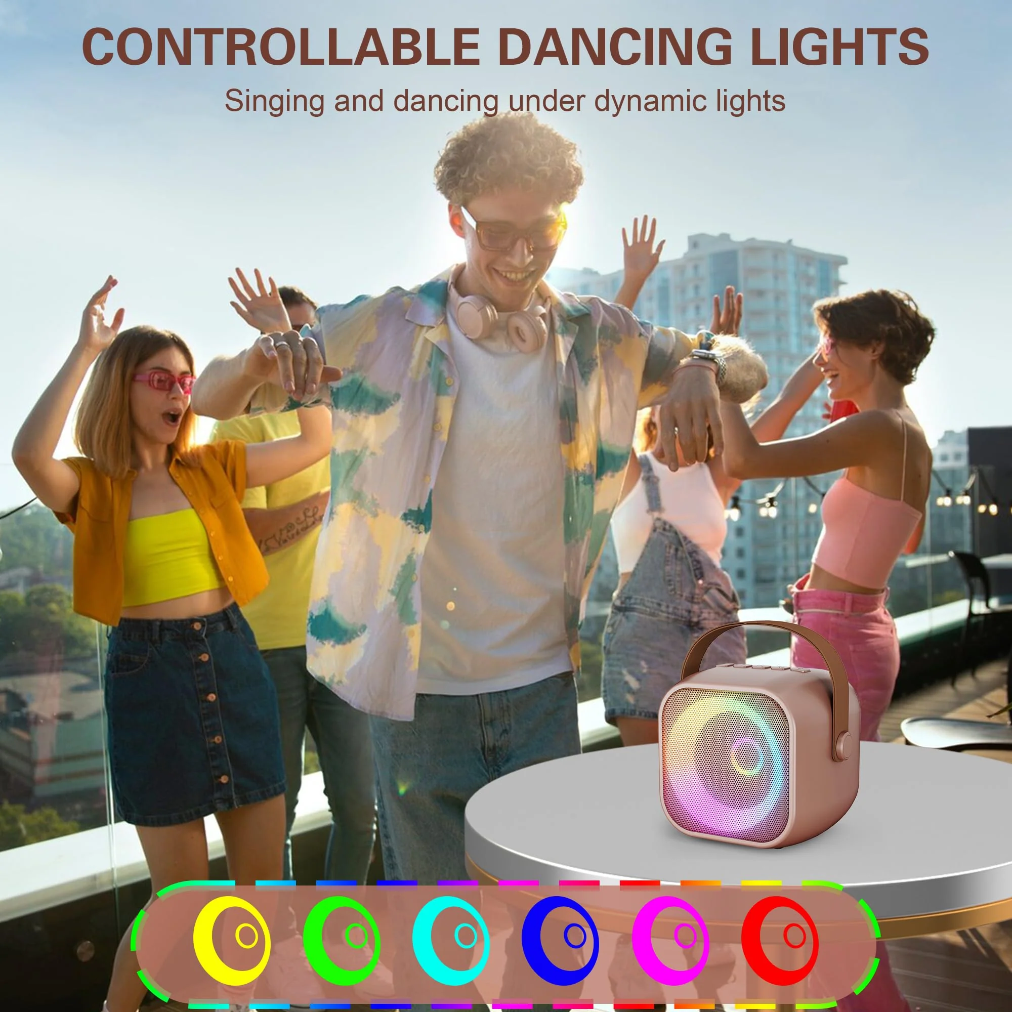 Mini Karaoke Machine, Portable Bluetooth Karaoke Speaker with 2 Wireless Microphones and Party Lights for Kids and Adults, Birthday Gifts for Girls Boys Family Home Party (Rose Gold) 2 Mics Rose Gold - Image 7