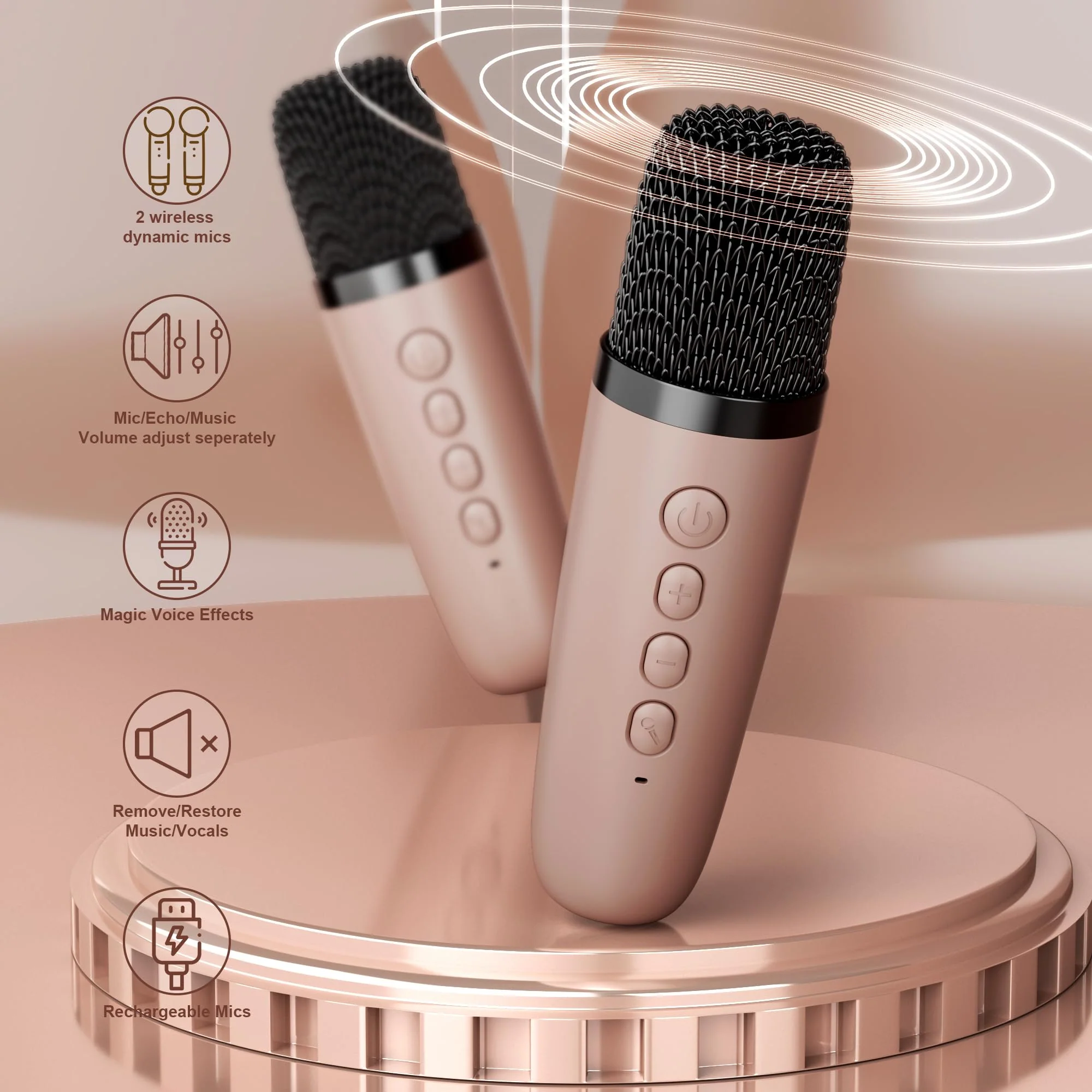 Mini Karaoke Machine, Portable Bluetooth Karaoke Speaker with 2 Wireless Microphones and Party Lights for Kids and Adults, Birthday Gifts for Girls Boys Family Home Party (Rose Gold) 2 Mics Rose Gold - Image 8