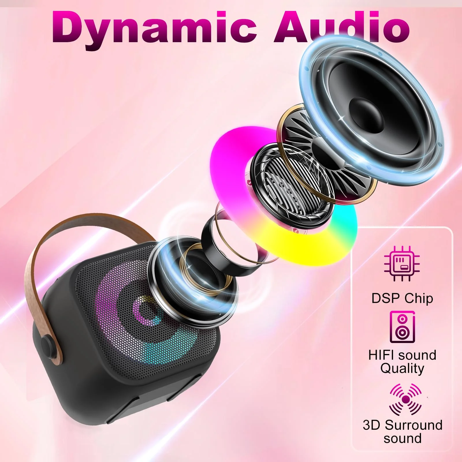 Mini Karaoke Machine, Portable Bluetooth Karaoke Speaker with 2 Wireless Mics for Kids and Adults, Birthday Gifts for Girls and Boys 3-12+ Years Old Birthday Party Home Black - Image 2