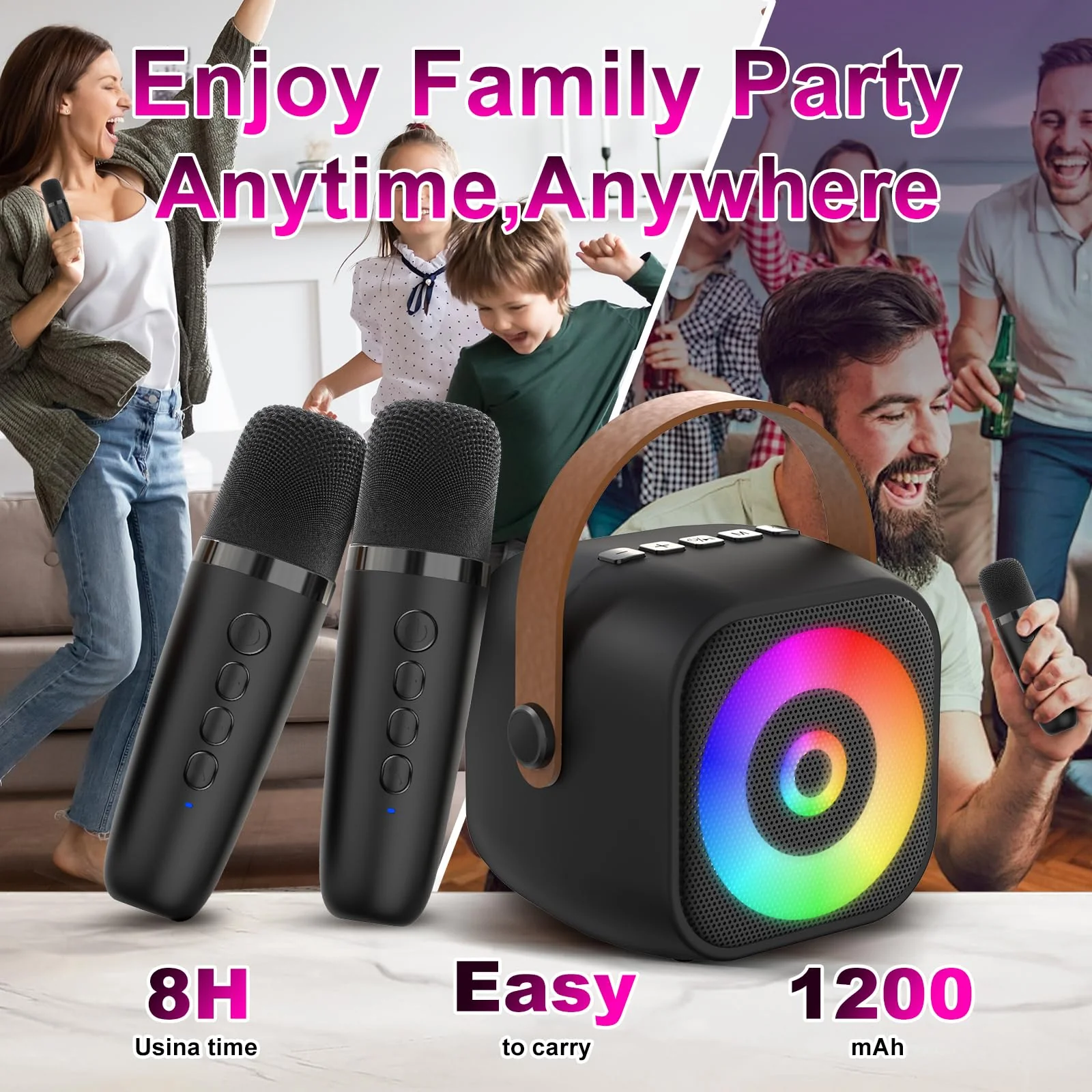 Mini Karaoke Machine, Portable Bluetooth Karaoke Speaker with 2 Wireless Mics for Kids and Adults, Birthday Gifts for Girls and Boys 3-12+ Years Old Birthday Party Home Black - Image 5