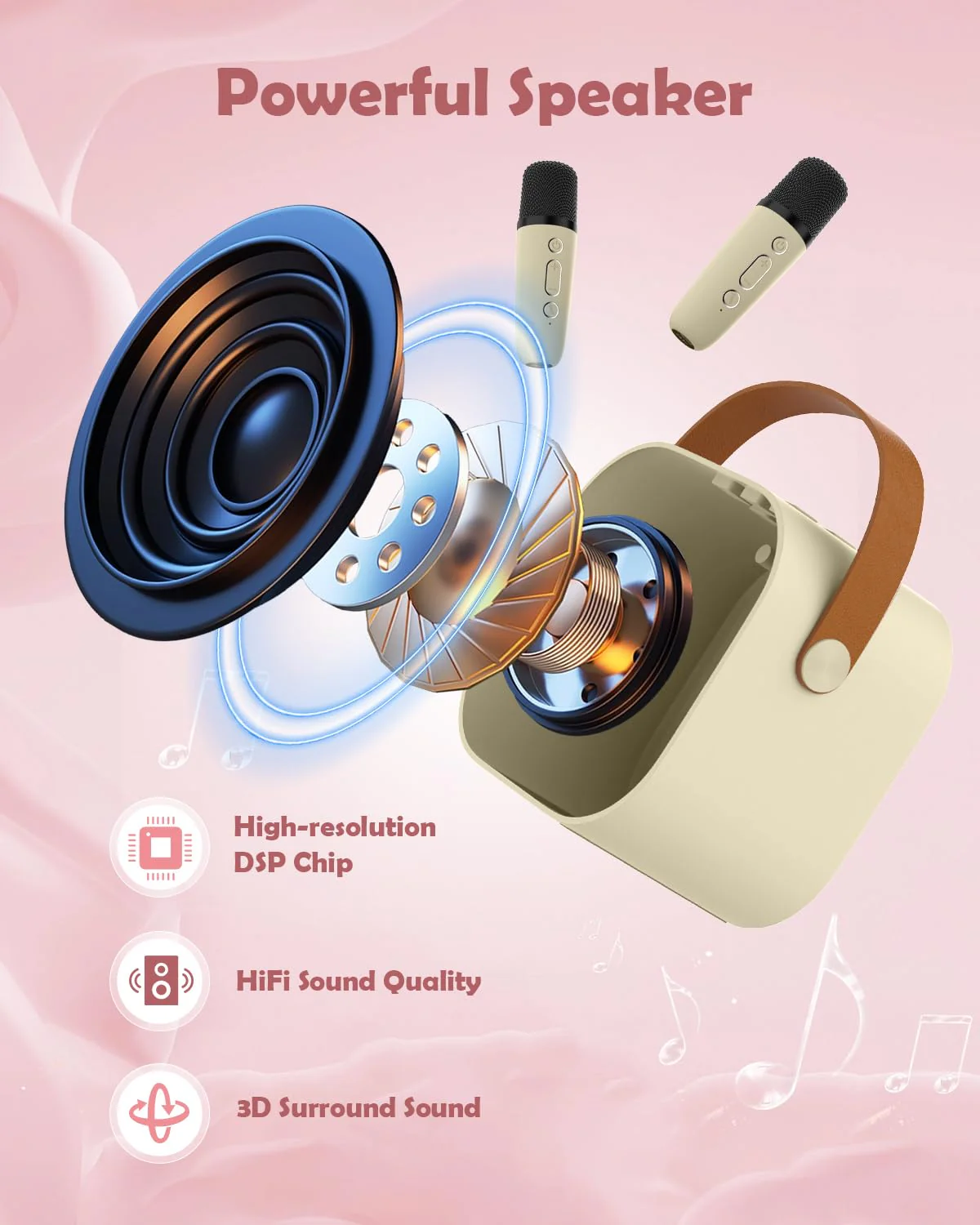 Mini Karaoke Machine Speaker for Kids, Toys for Girls Boys Friends Age 3-12+, Birthday Gifts Portable Bluetooth Speaker with Wireless Mics for 5 6 7 8 9 10 11 Years Teens Girl Boys, Beige Beige- 2-Mic - Image 2